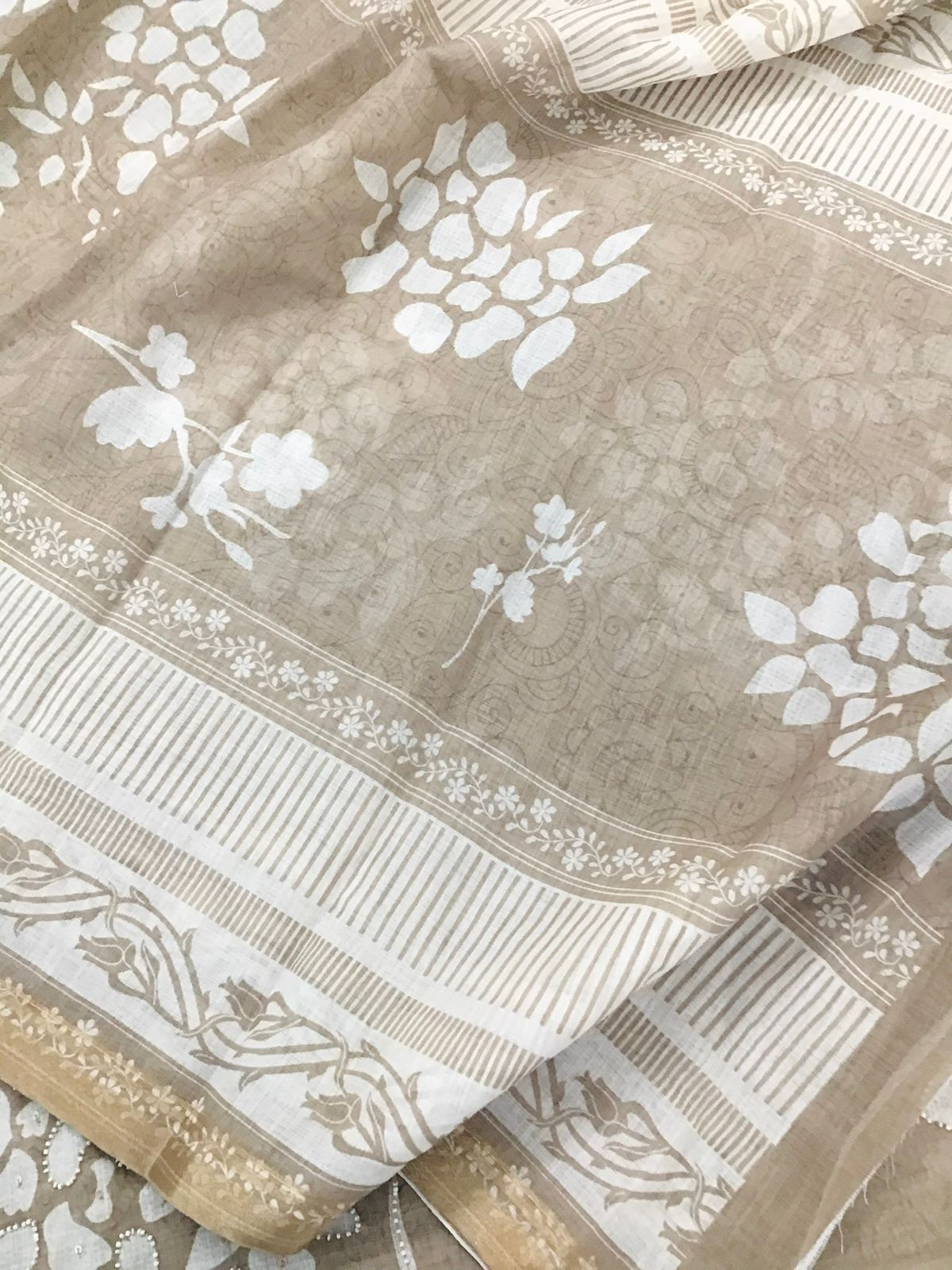 Soft Linen Jute Cotton Printed Embroidered Suit - Beige