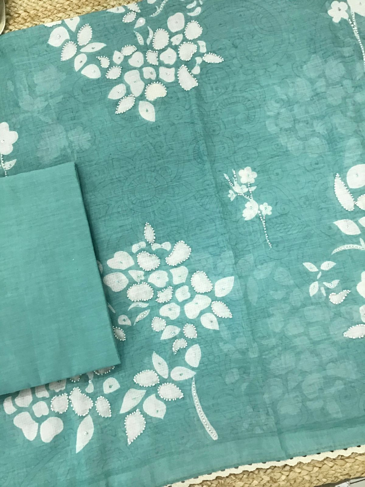 Soft Linen Jute Cotton Printed Embroidered Suit - Blue