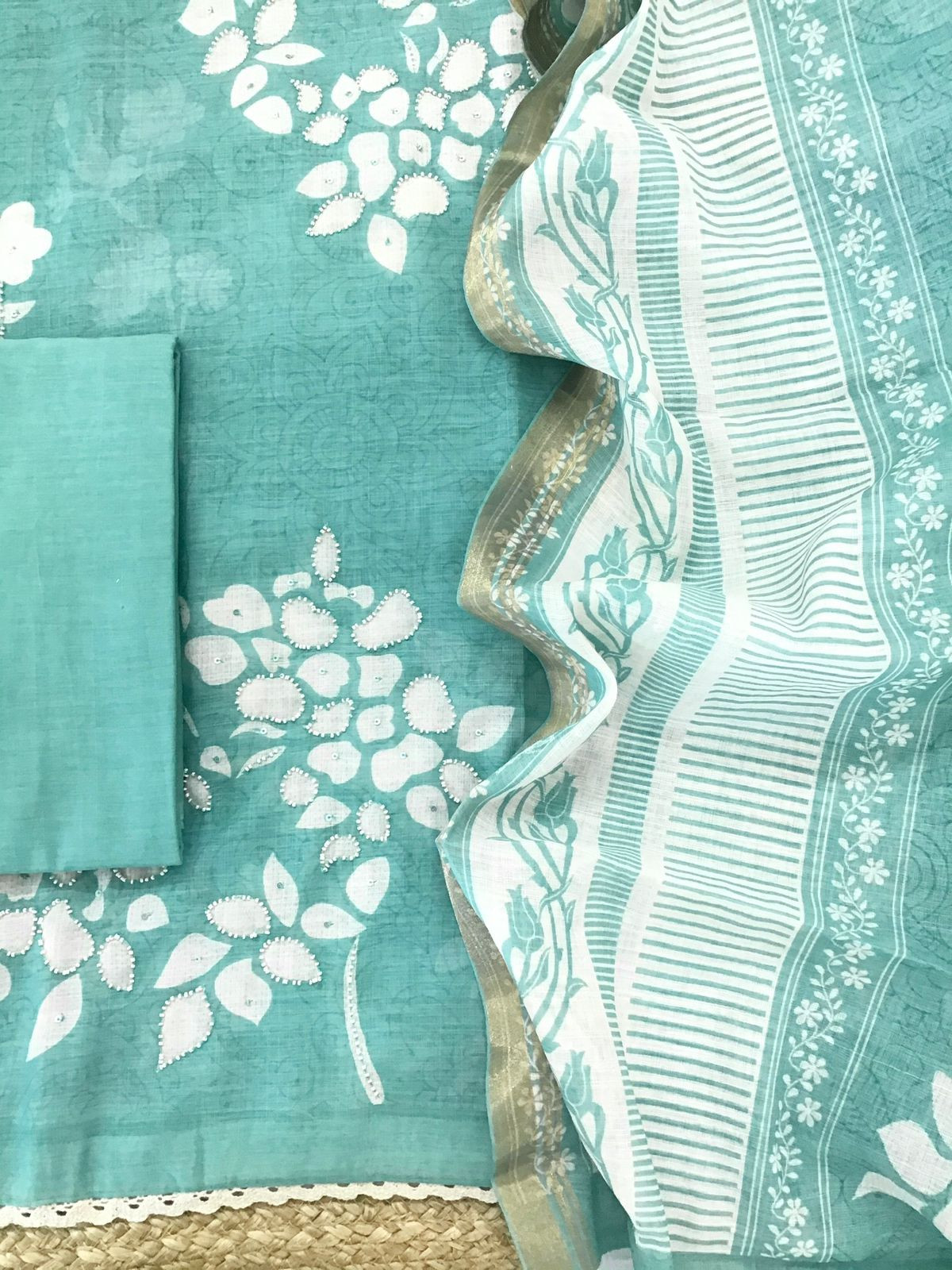 Soft Linen Jute Cotton Printed Embroidered Suit - Blue