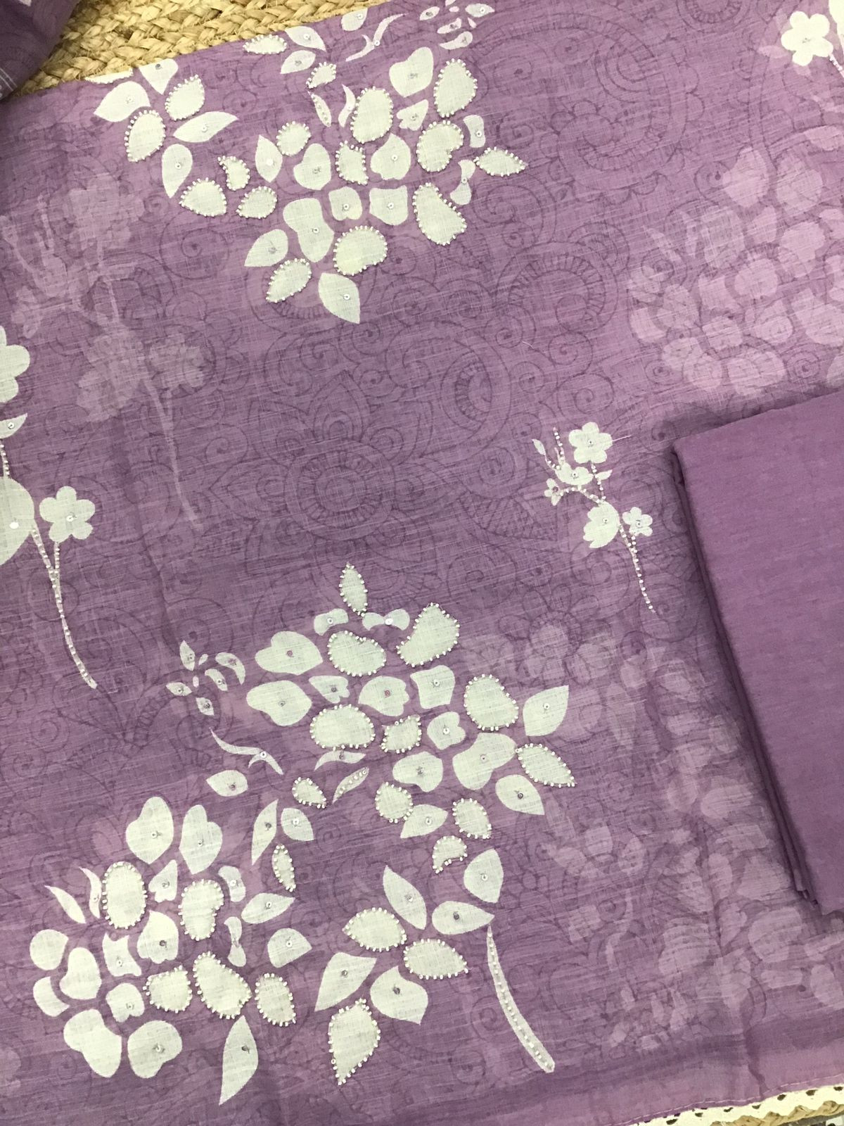 Soft Linen Jute Cotton Printed Embroidered Suit - Purple