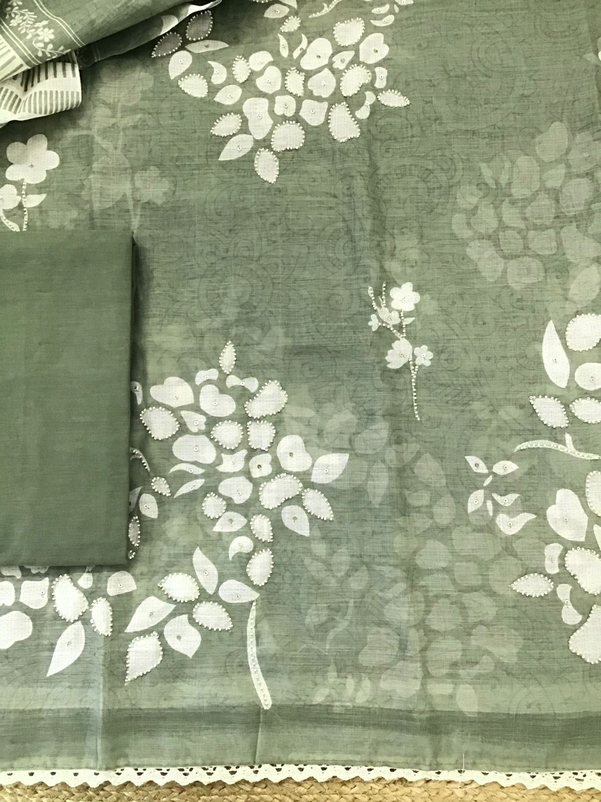 Soft Linen Jute Cotton Printed Embroidered Suit - Green