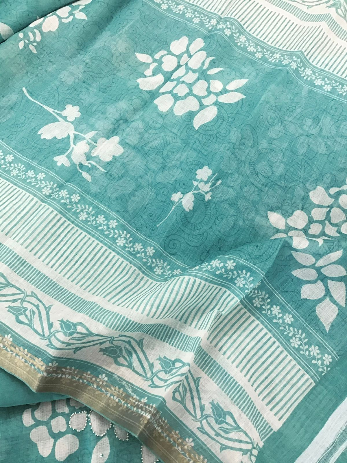 Soft Linen Jute Cotton Printed Embroidered Suit - Blue