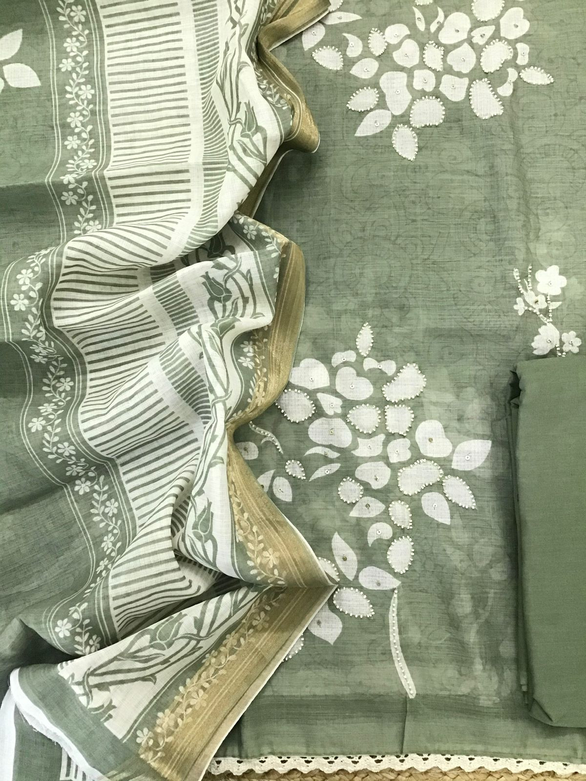 Soft Linen Jute Cotton Printed Embroidered Suit - Green