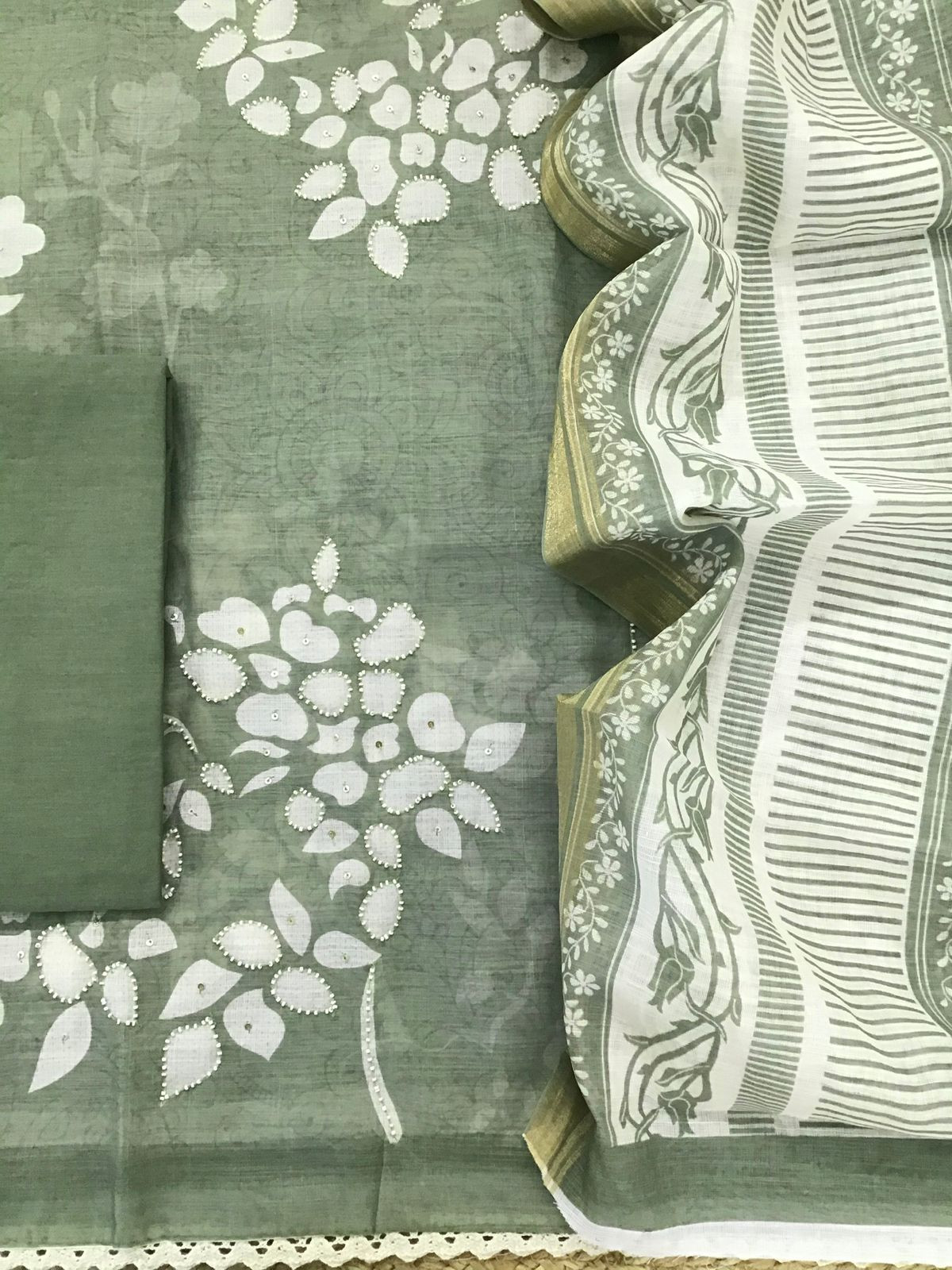 Soft Linen Jute Cotton Printed Embroidered Suit - Green