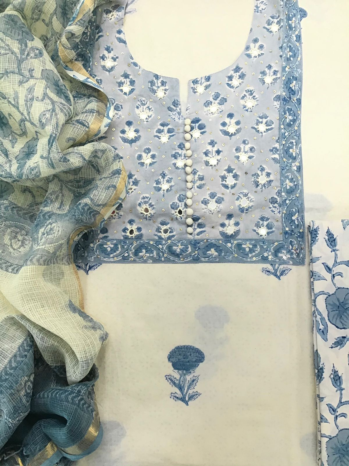 Pure Mul Cotton Printed Embroidered Suit - Cream