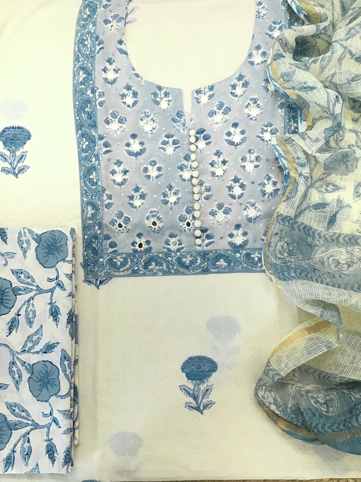 Pure Mul Cotton Printed Embroidered Suit - Cream