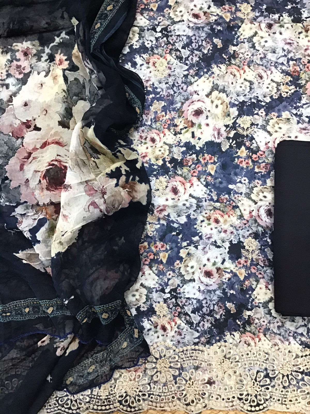 Pure Cotton Printed Embroidered Suit - Blue