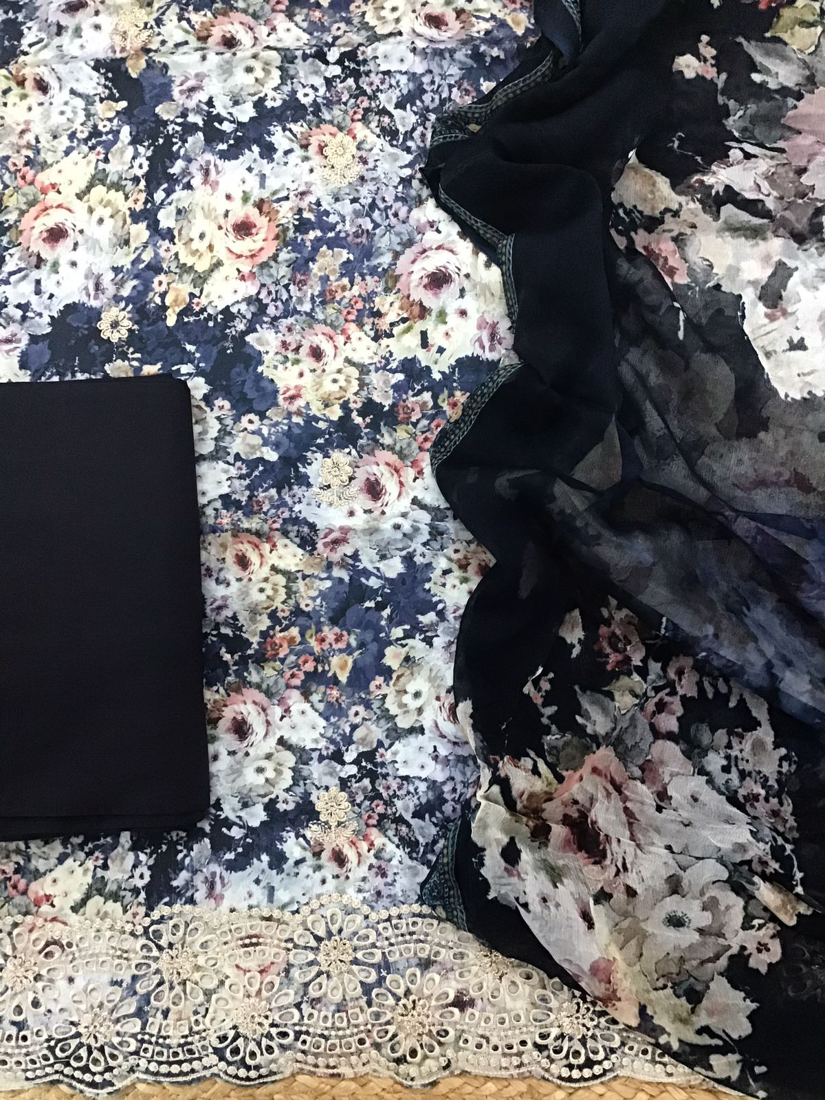 Pure Cotton Printed Embroidered Suit - Blue