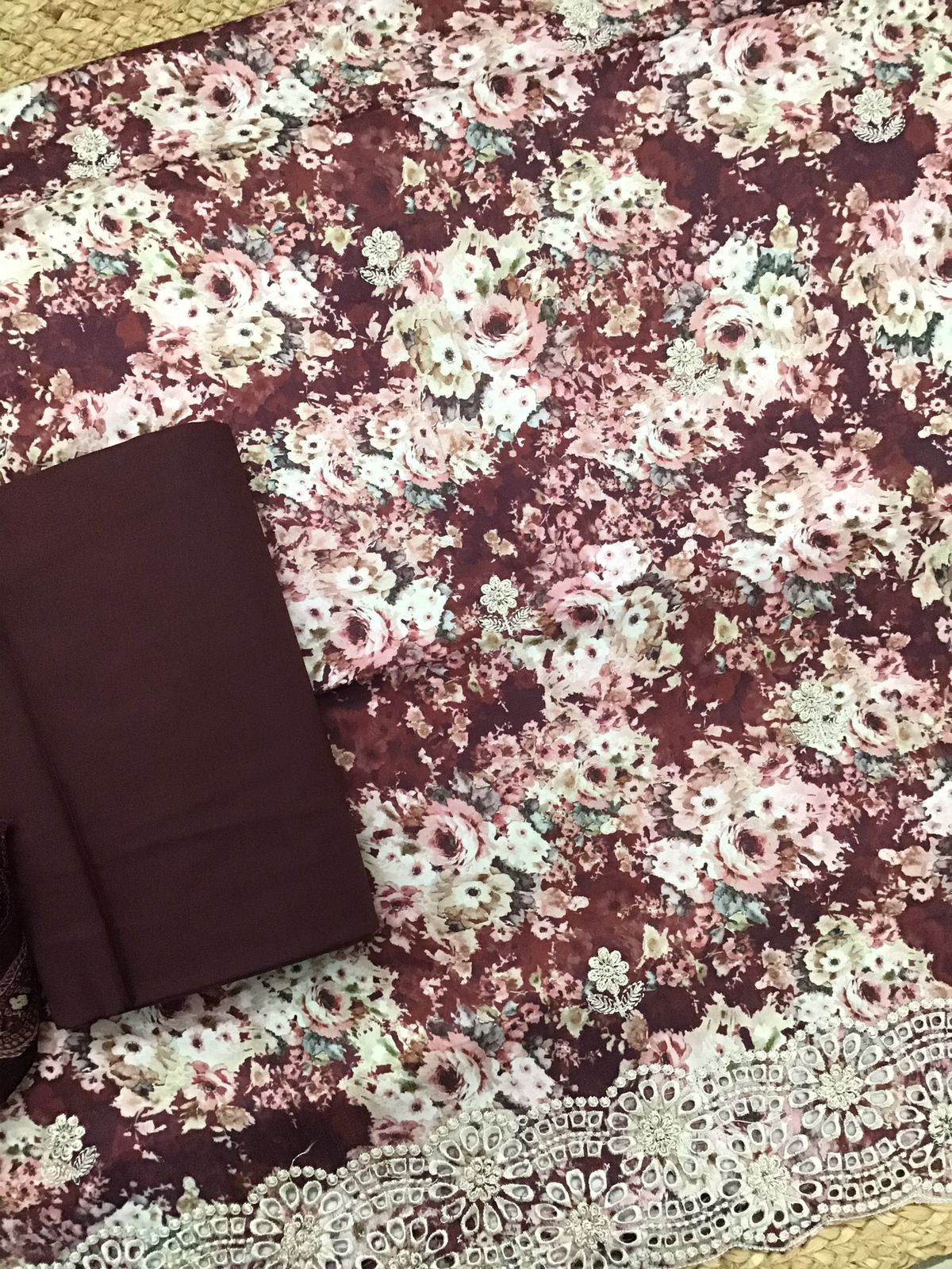 Pure Cotton Printed Embroidered Suit - Maroon