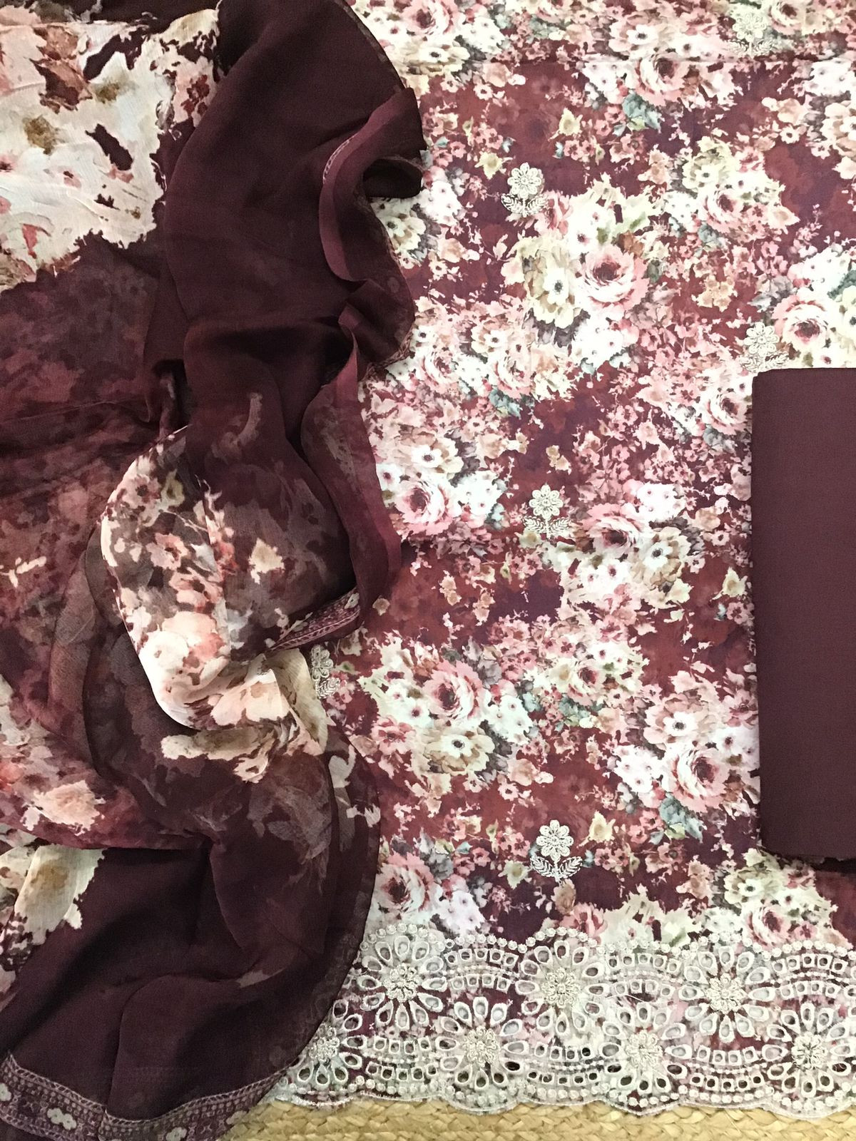 Pure Cotton Printed Embroidered Suit - Maroon