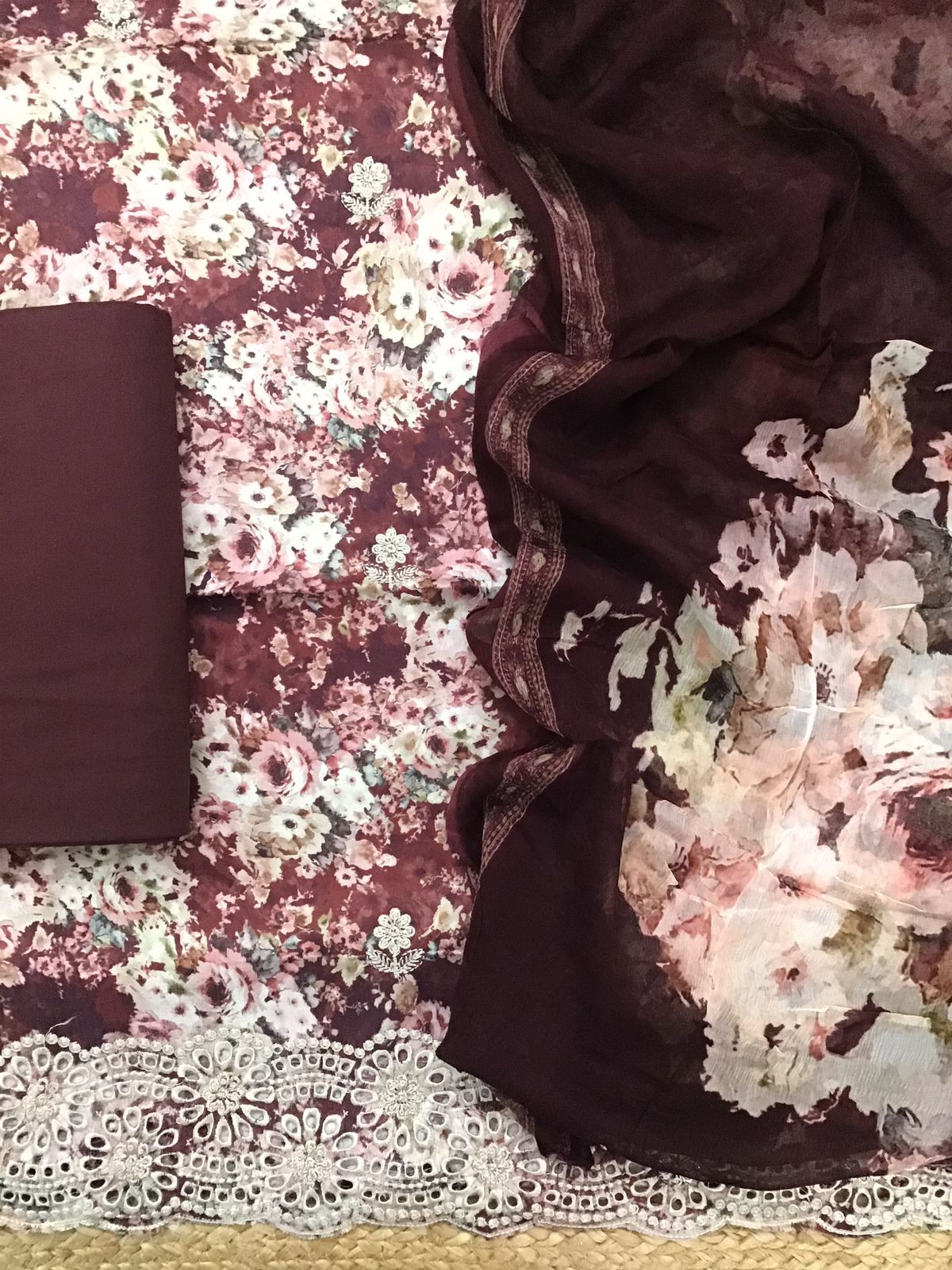 Pure Cotton Printed Embroidered Suit - Maroon
