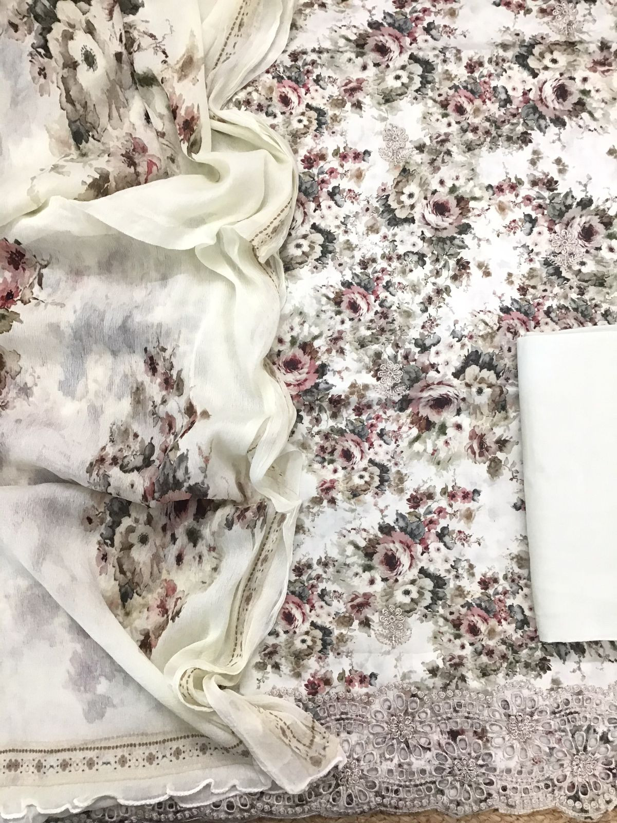 Pure Cotton Printed Embroidered Suit - Cream