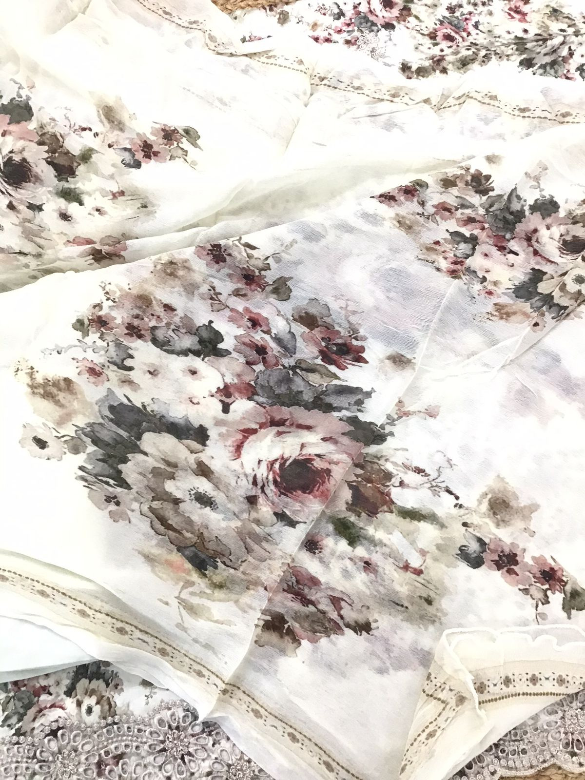 Pure Cotton Printed Embroidered Suit - Cream