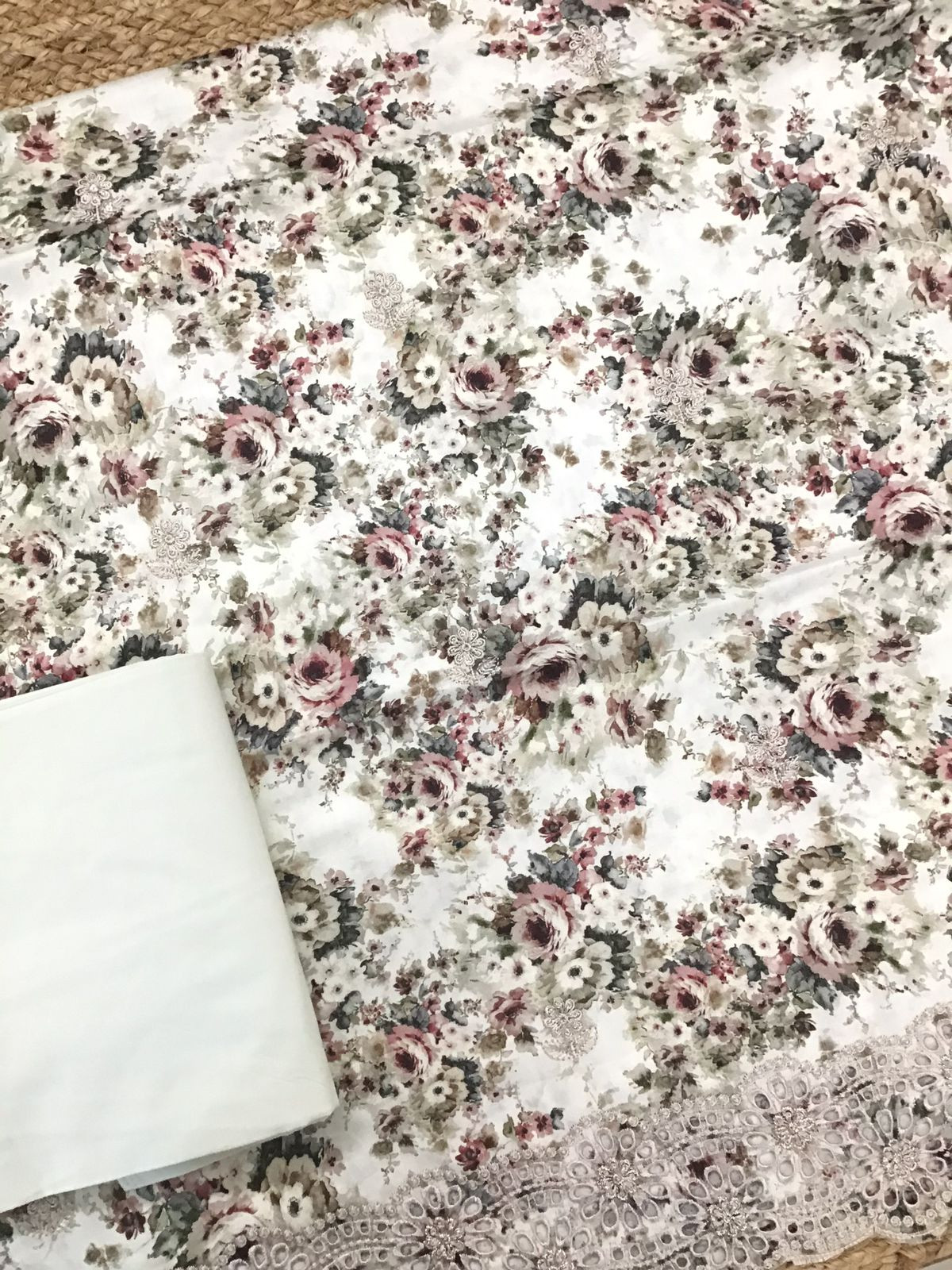 Pure Cotton Printed Embroidered Suit - Cream