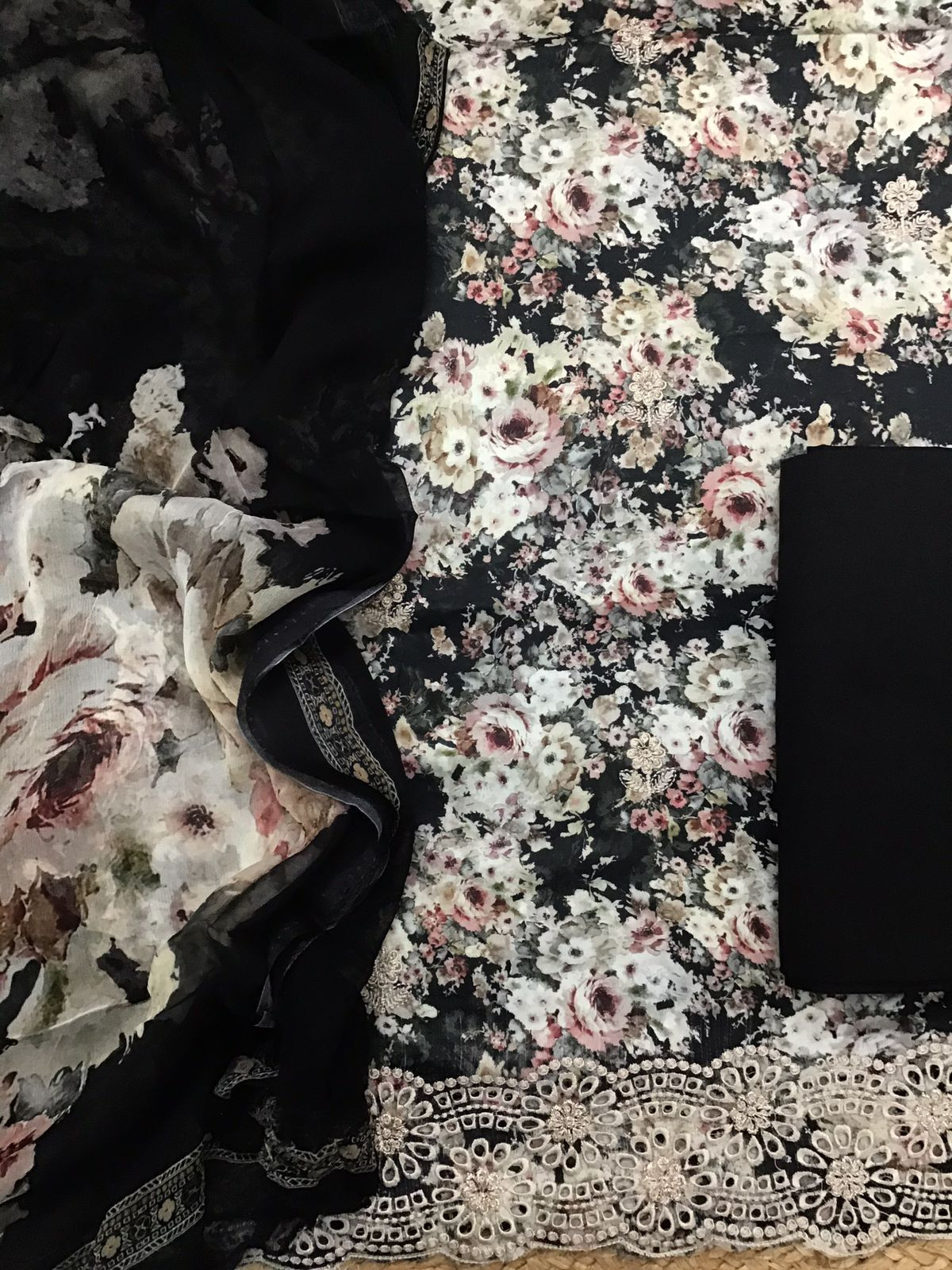 Pure Cotton Printed Embroidered Suit - Black