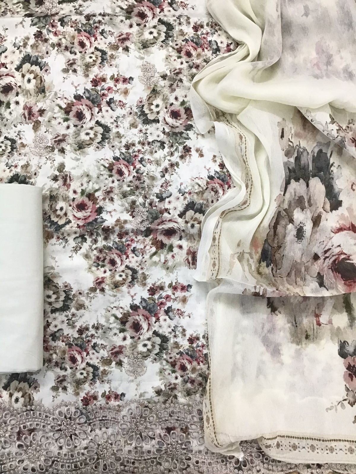 Pure Cotton Printed Embroidered Suit - Cream