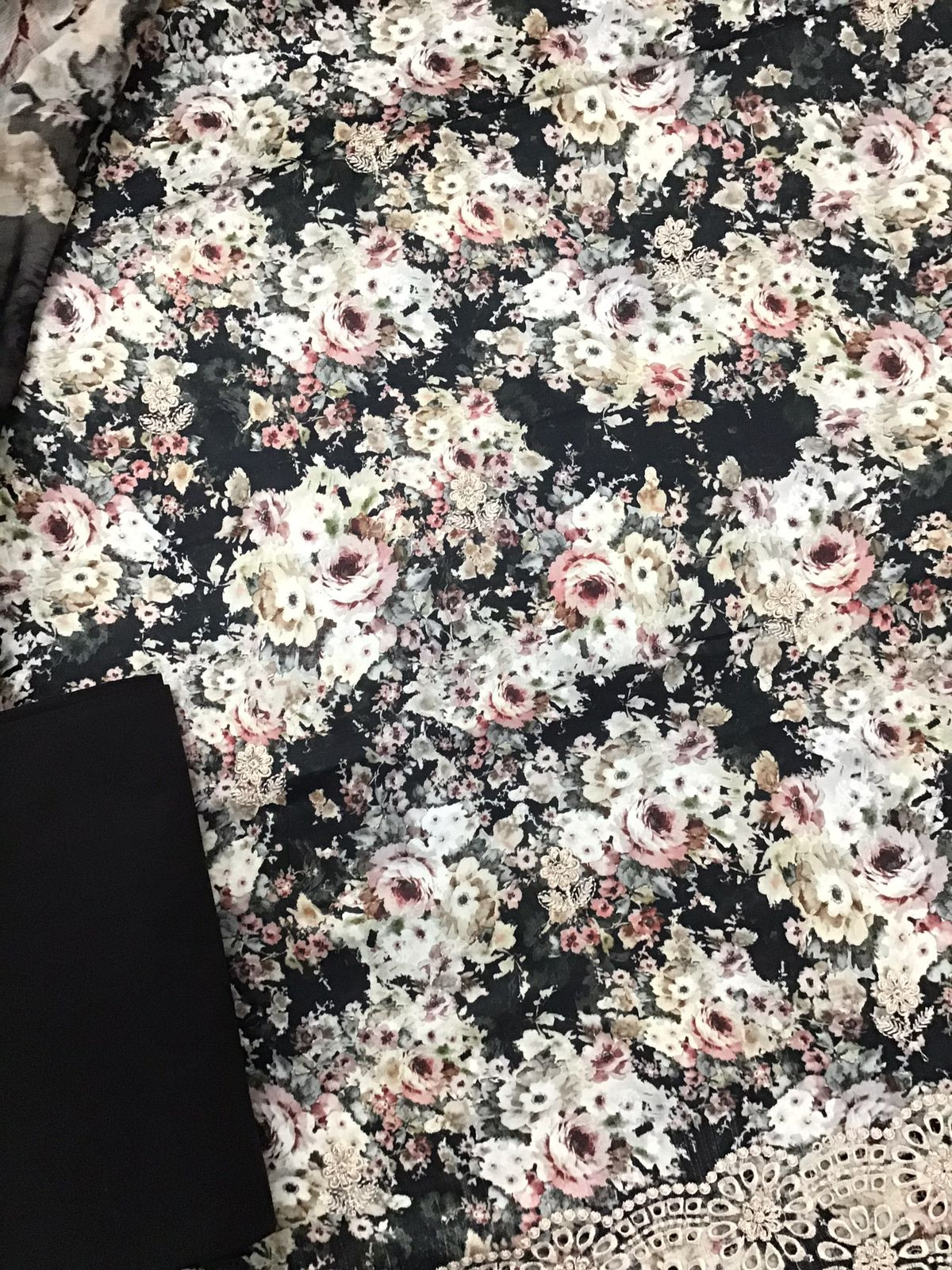 Pure Cotton Printed Embroidered Suit - Black