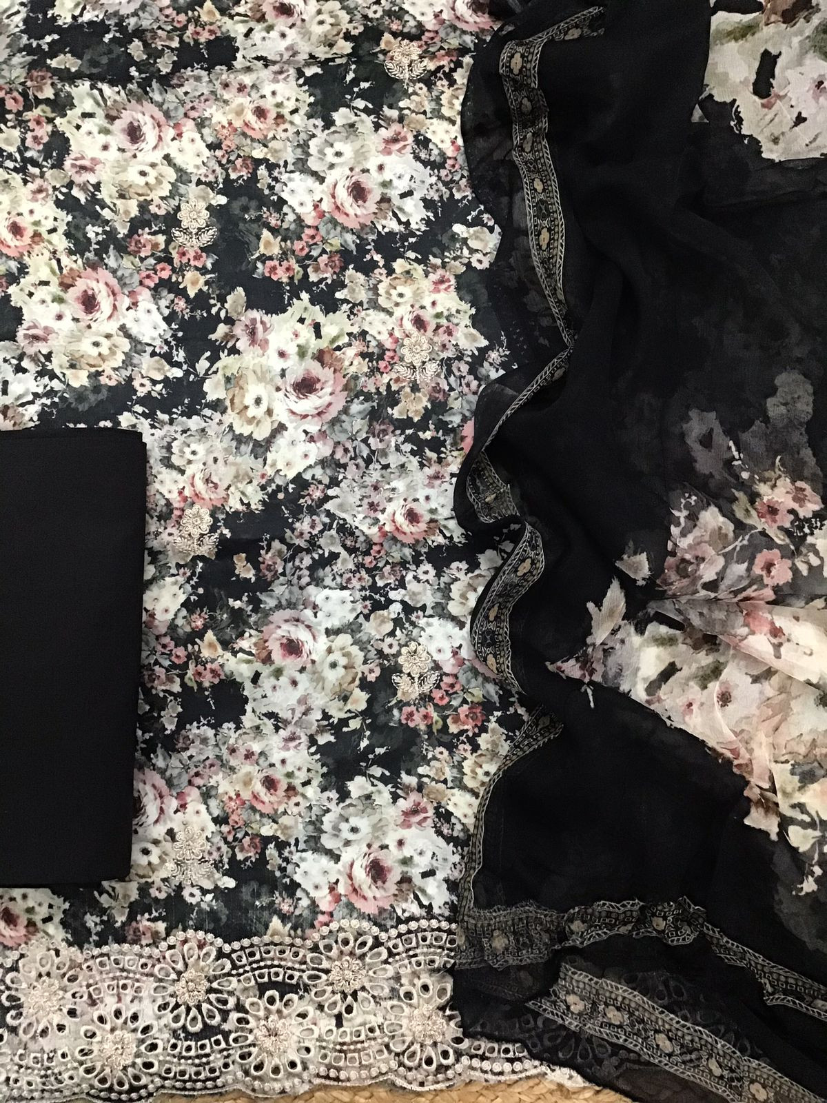 Pure Cotton Printed Embroidered Suit - Black