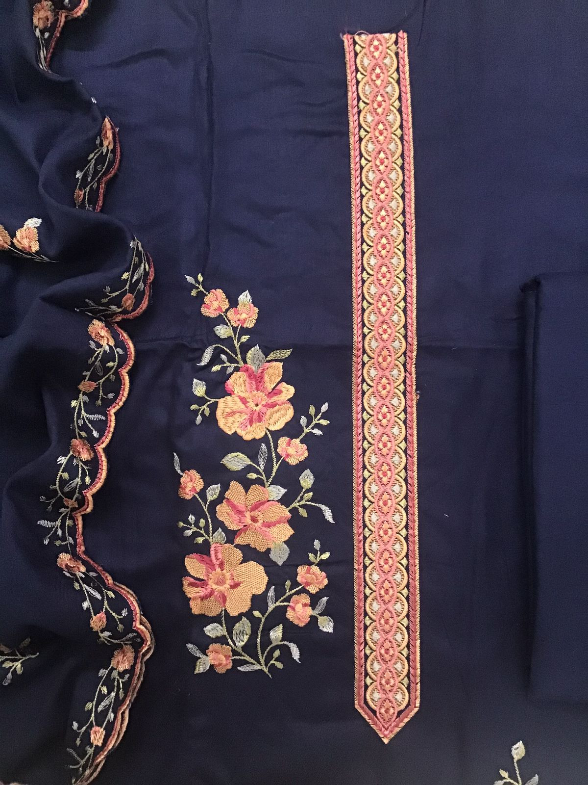 Soft Woollen Slub Silk Embroidered Suit - Blue