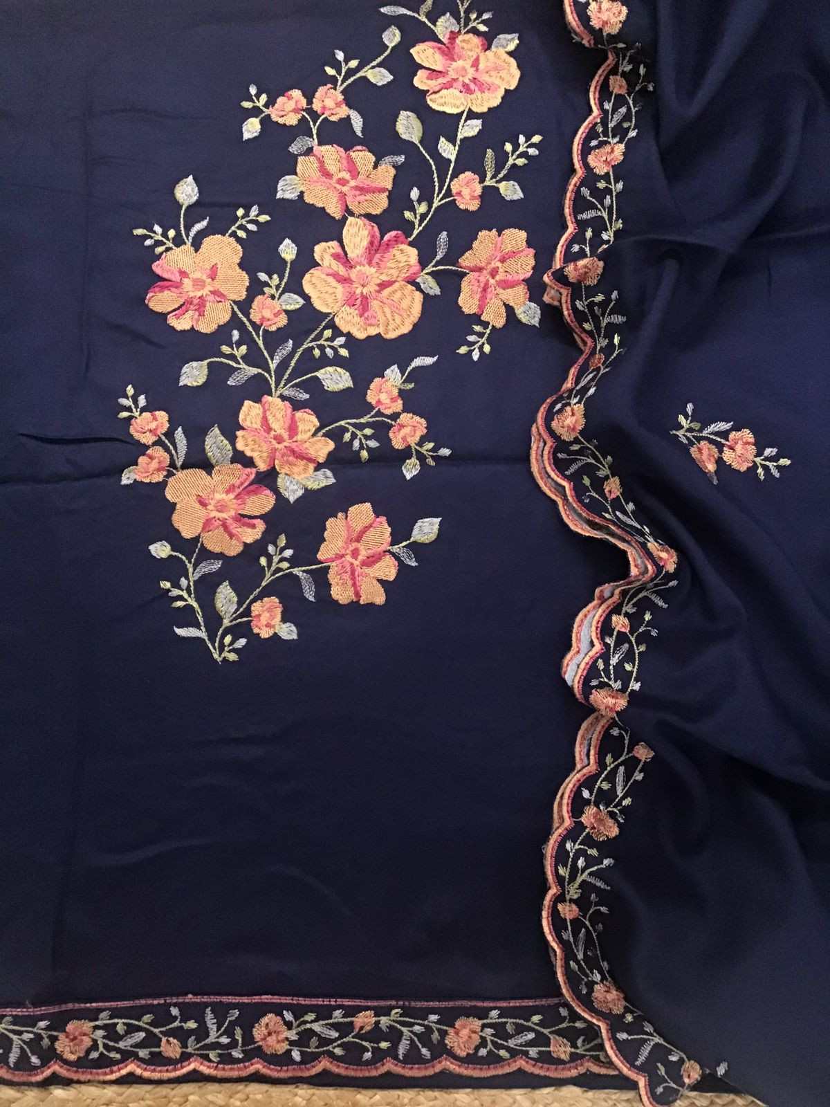 Soft Woollen Slub Silk Embroidered Suit - Blue