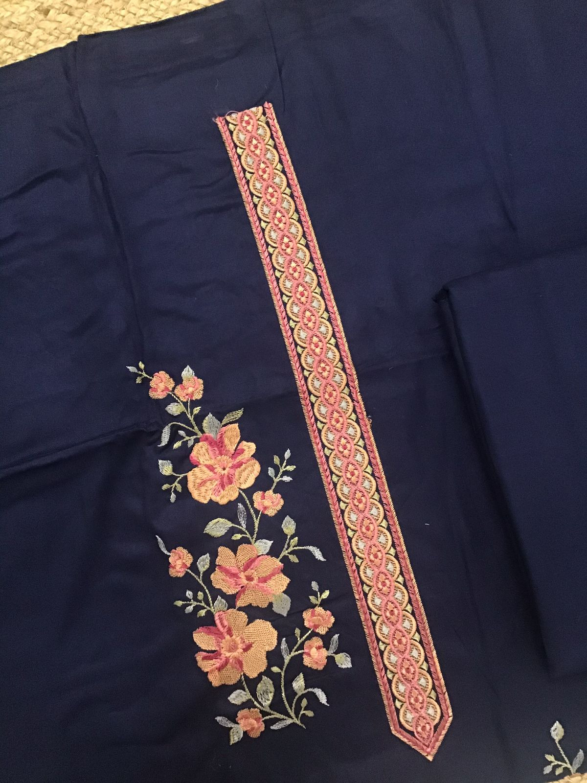 Soft Woollen Slub Silk Embroidered Suit - Blue