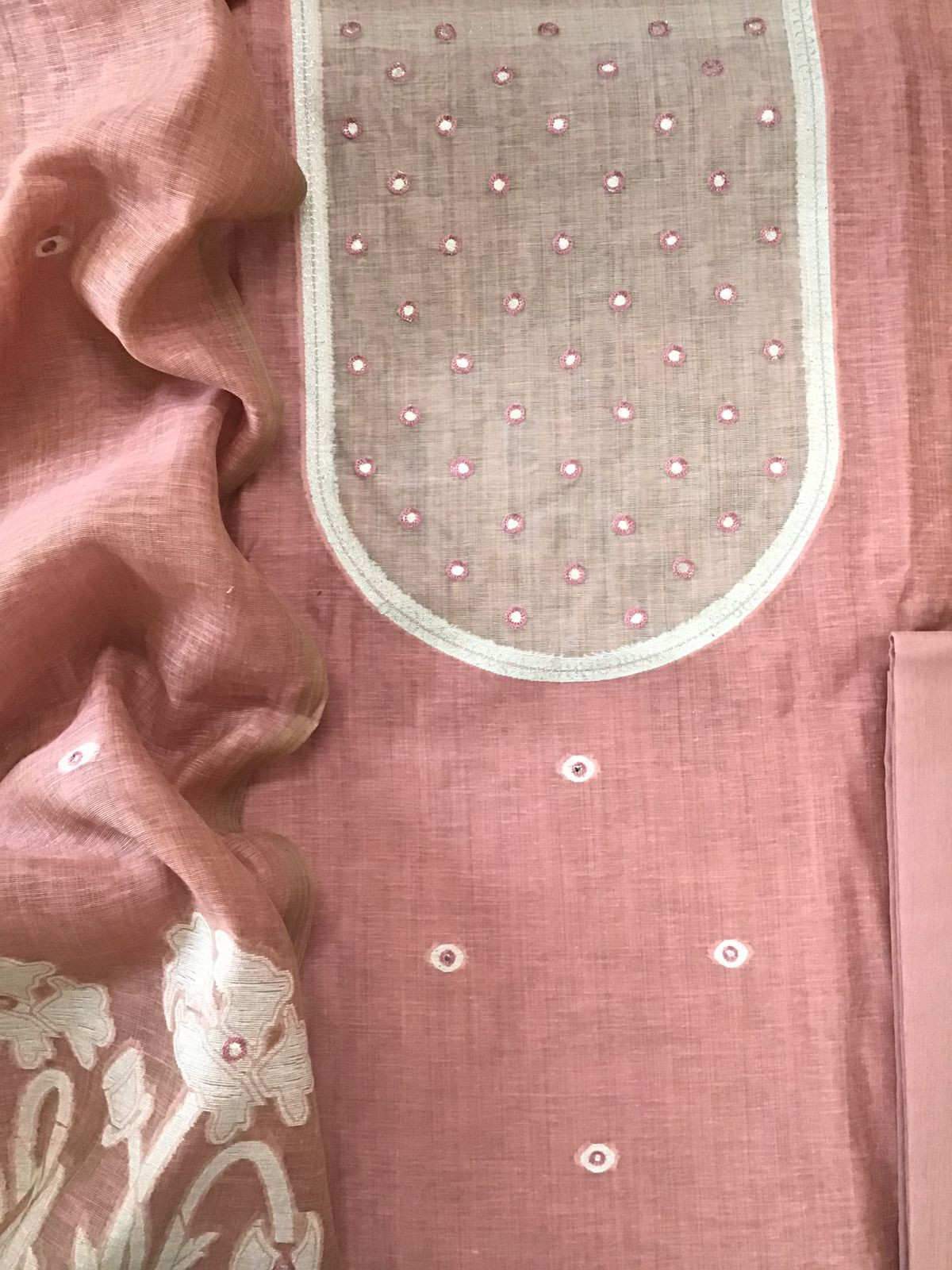 Soft Fine Slub Chanderi Jamdani Weaved Embroidered Suit - Onion Pink