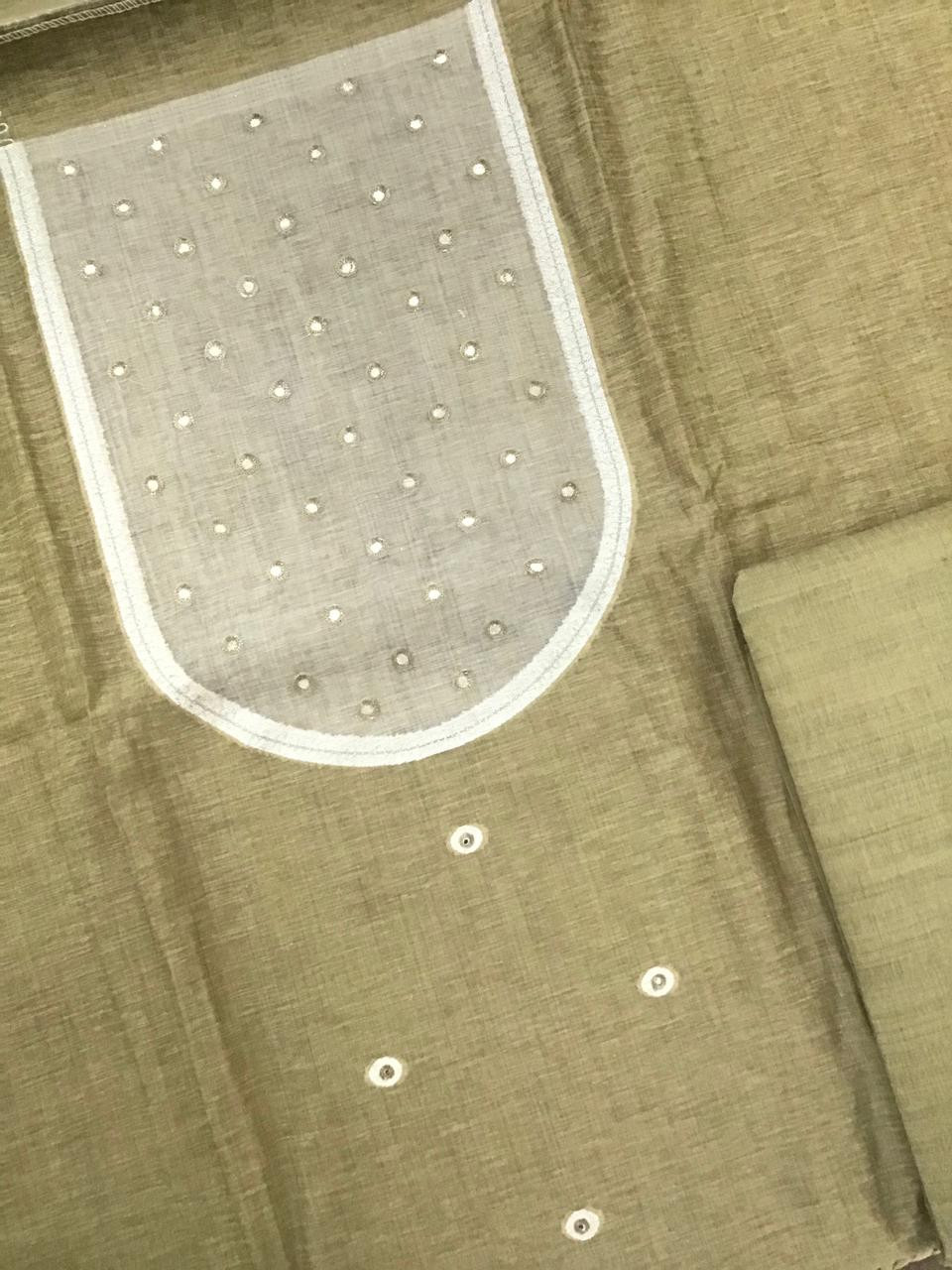 Soft Fine Slub Chanderi Jamdani Weaved Embroidered Suit - Greenish Yellow