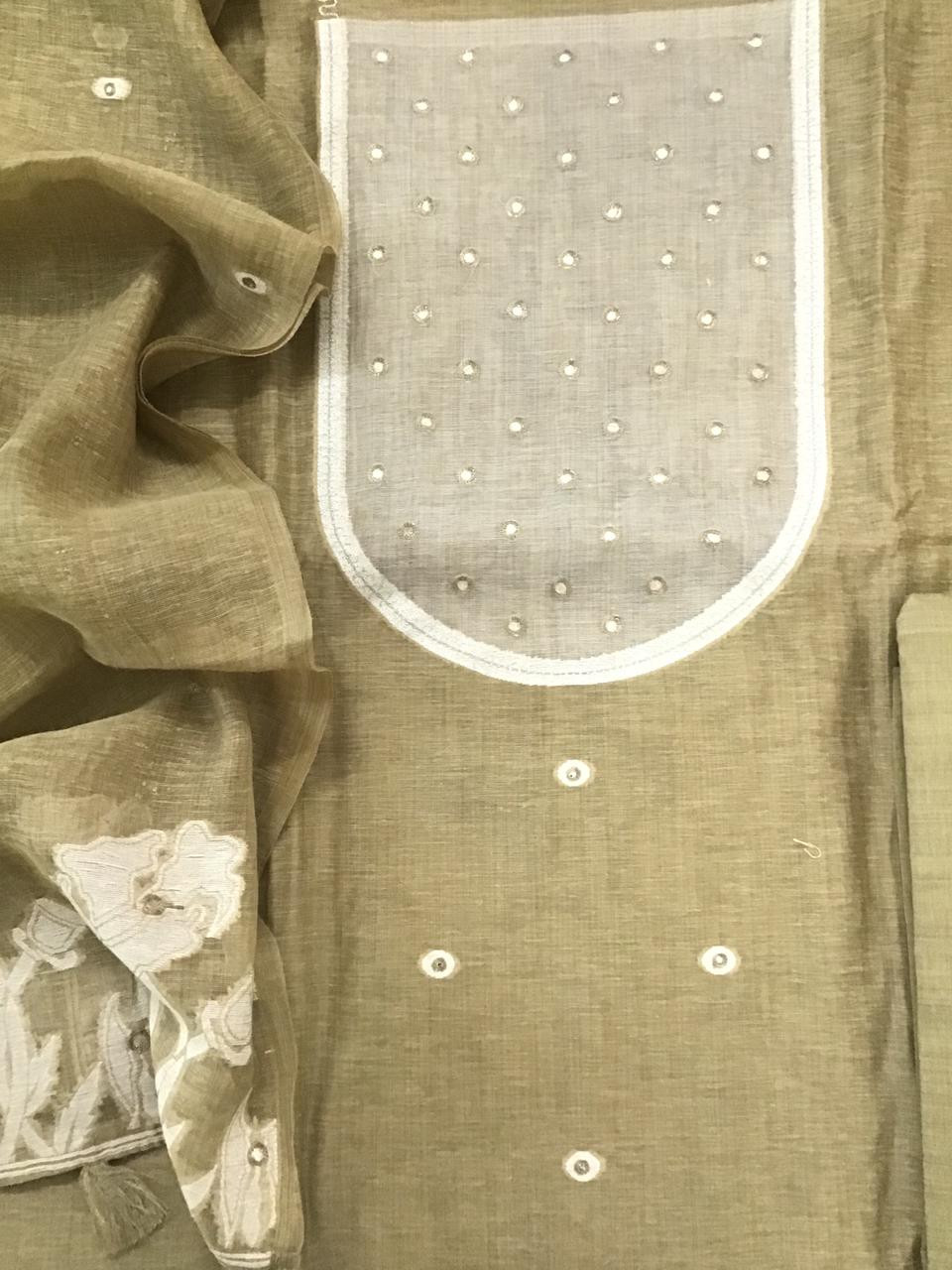 Soft Fine Slub Chanderi Jamdani Weaved Embroidered Suit - Greenish Yellow