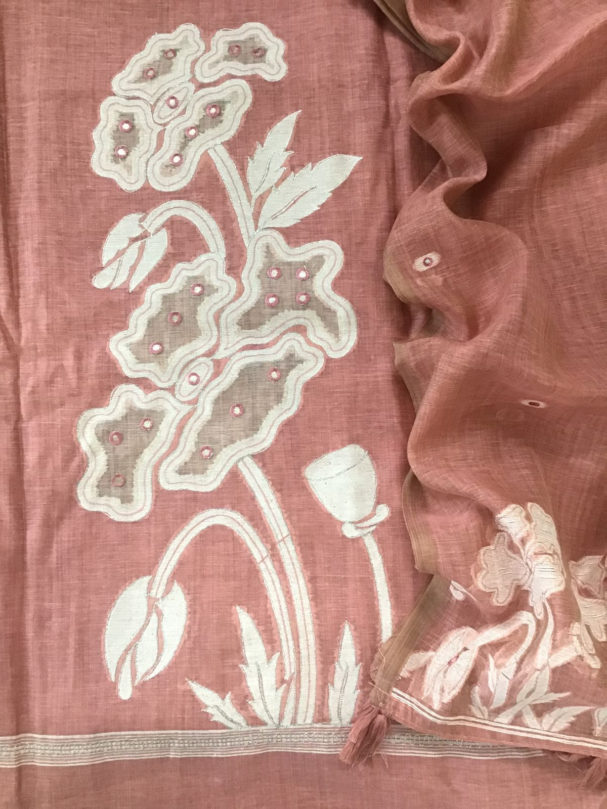 Soft Fine Slub Chanderi Jamdani Weaved Embroidered Suit - Onion Pink