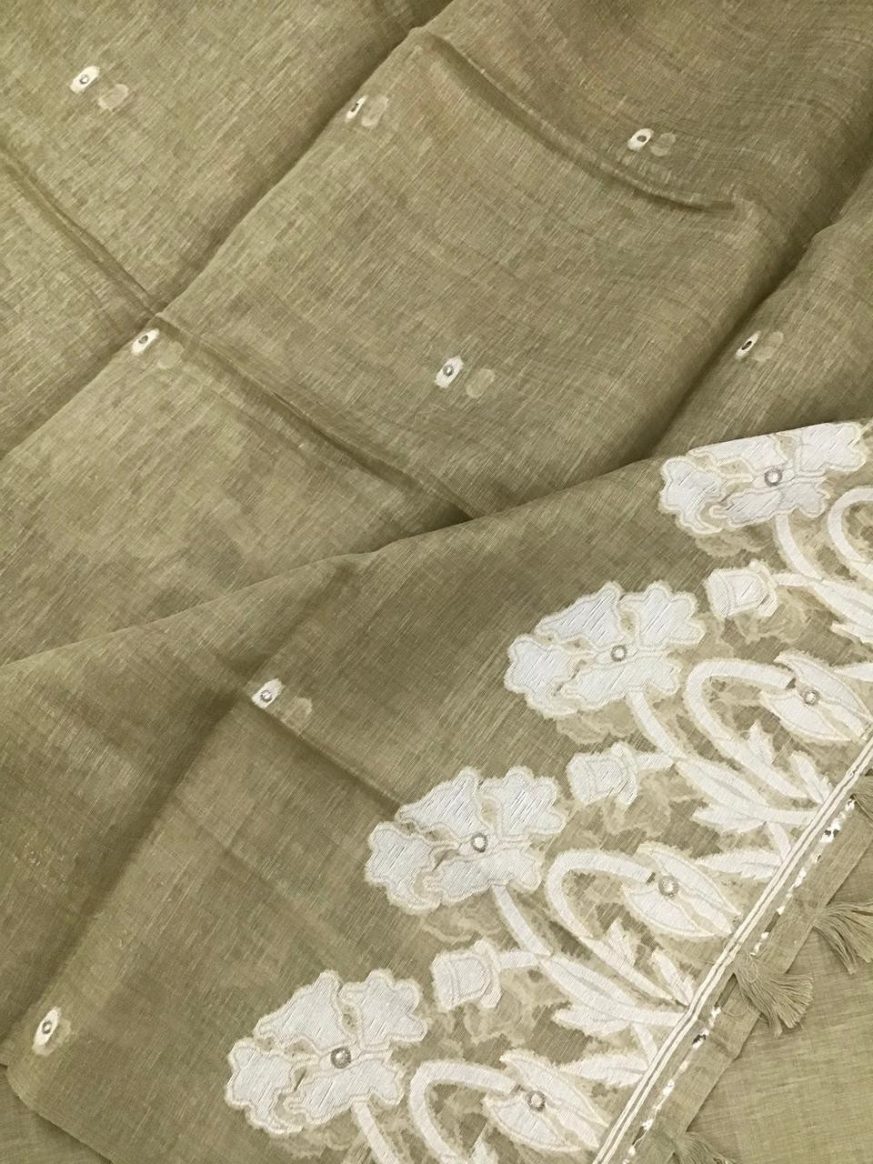 Soft Fine Slub Chanderi Jamdani Weaved Embroidered Suit - Greenish Yellow