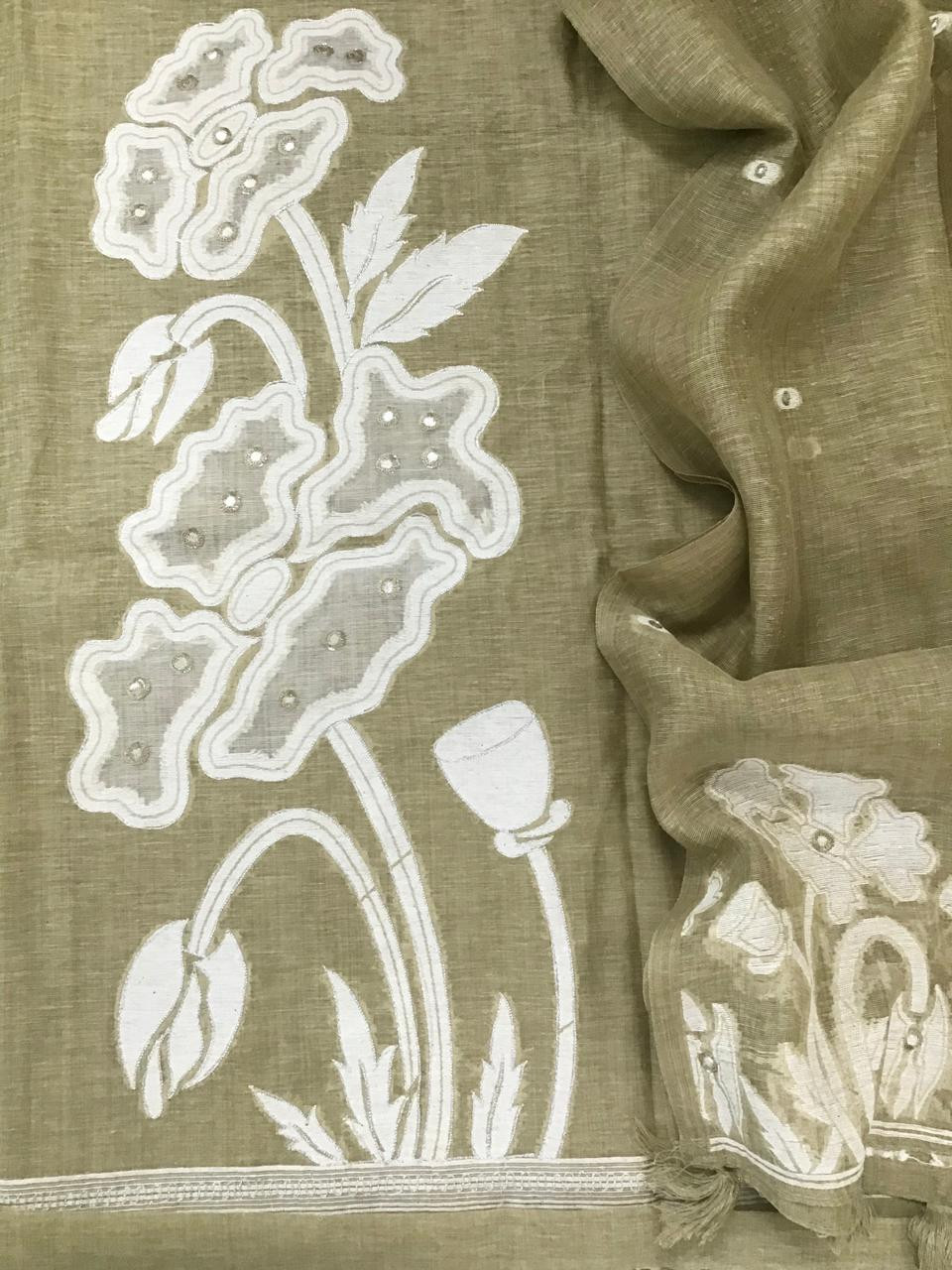 Soft Fine Slub Chanderi Jamdani Weaved Embroidered Suit - Greenish Yellow