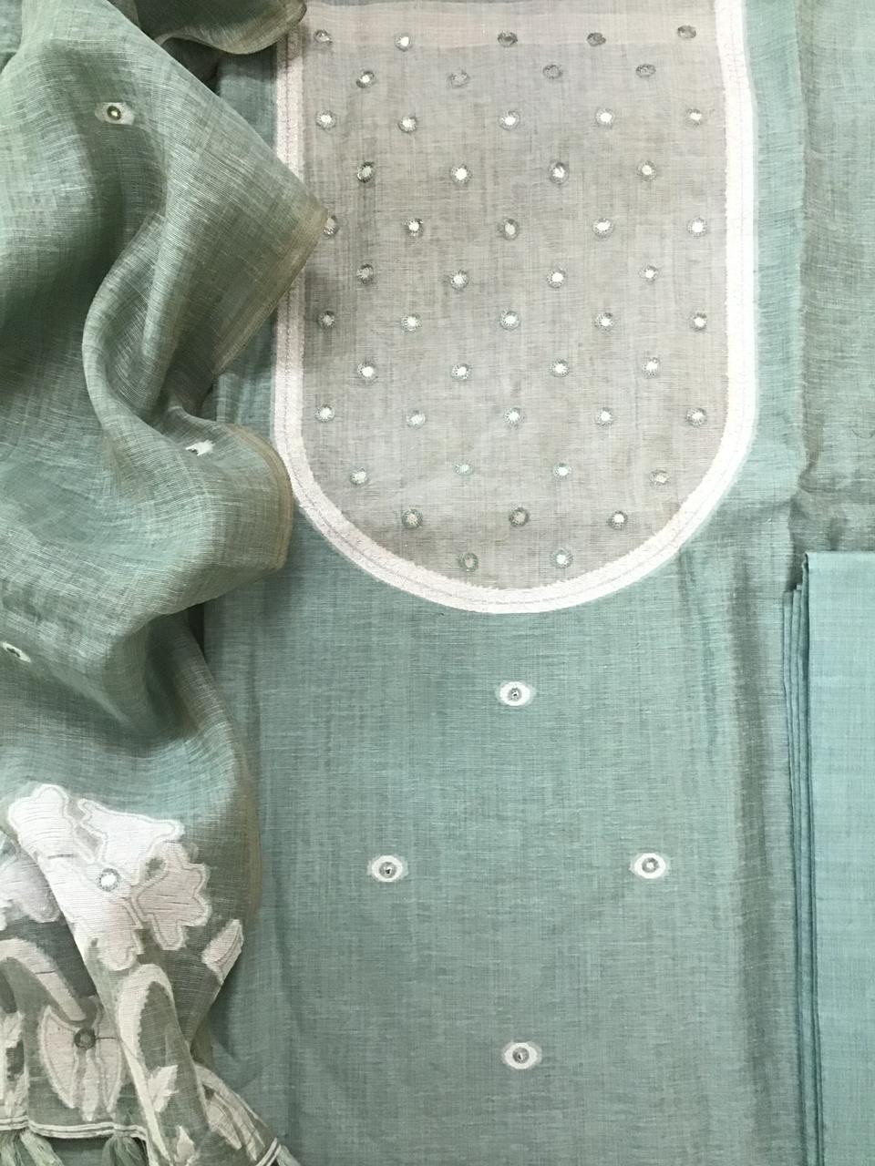 Soft Fine Slub Chanderi Jamdani Weaved Embroidered Suit - Blue