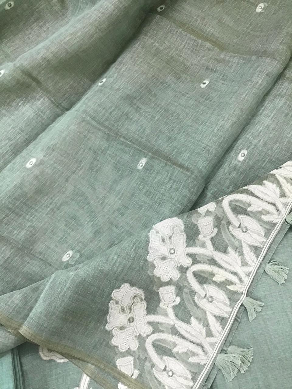 Soft Fine Slub Chanderi Jamdani Weaved Embroidered Suit - Blue