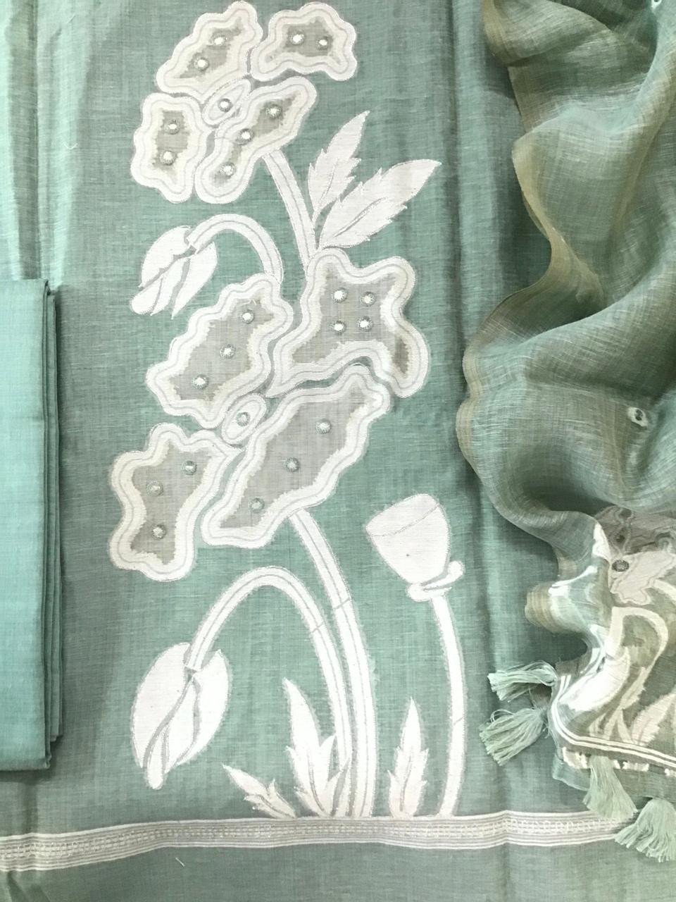 Soft Fine Slub Chanderi Jamdani Weaved Embroidered Suit - Blue