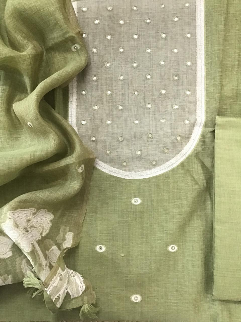 Soft Fine Slub Chanderi Jamdani Weaved Embroidered Suit - Green