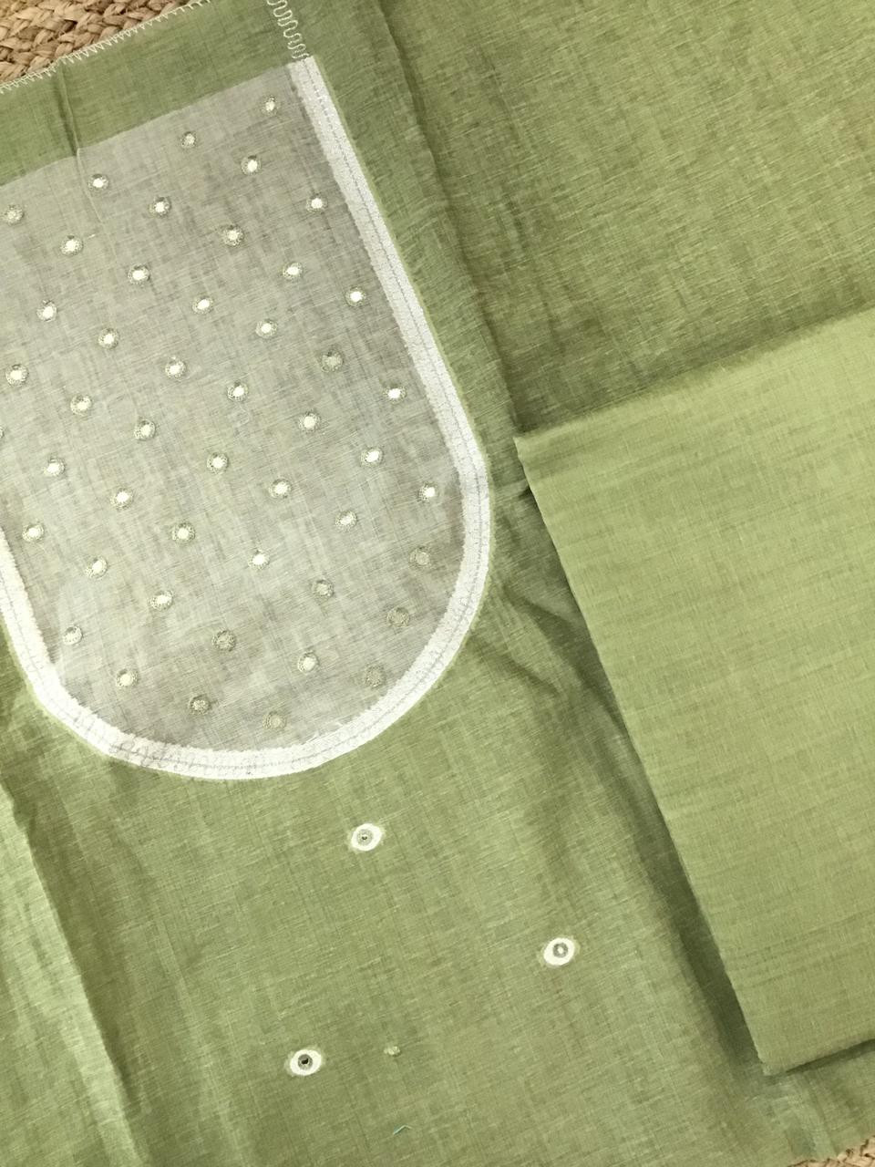 Soft Fine Slub Chanderi Jamdani Weaved Embroidered Suit - Green