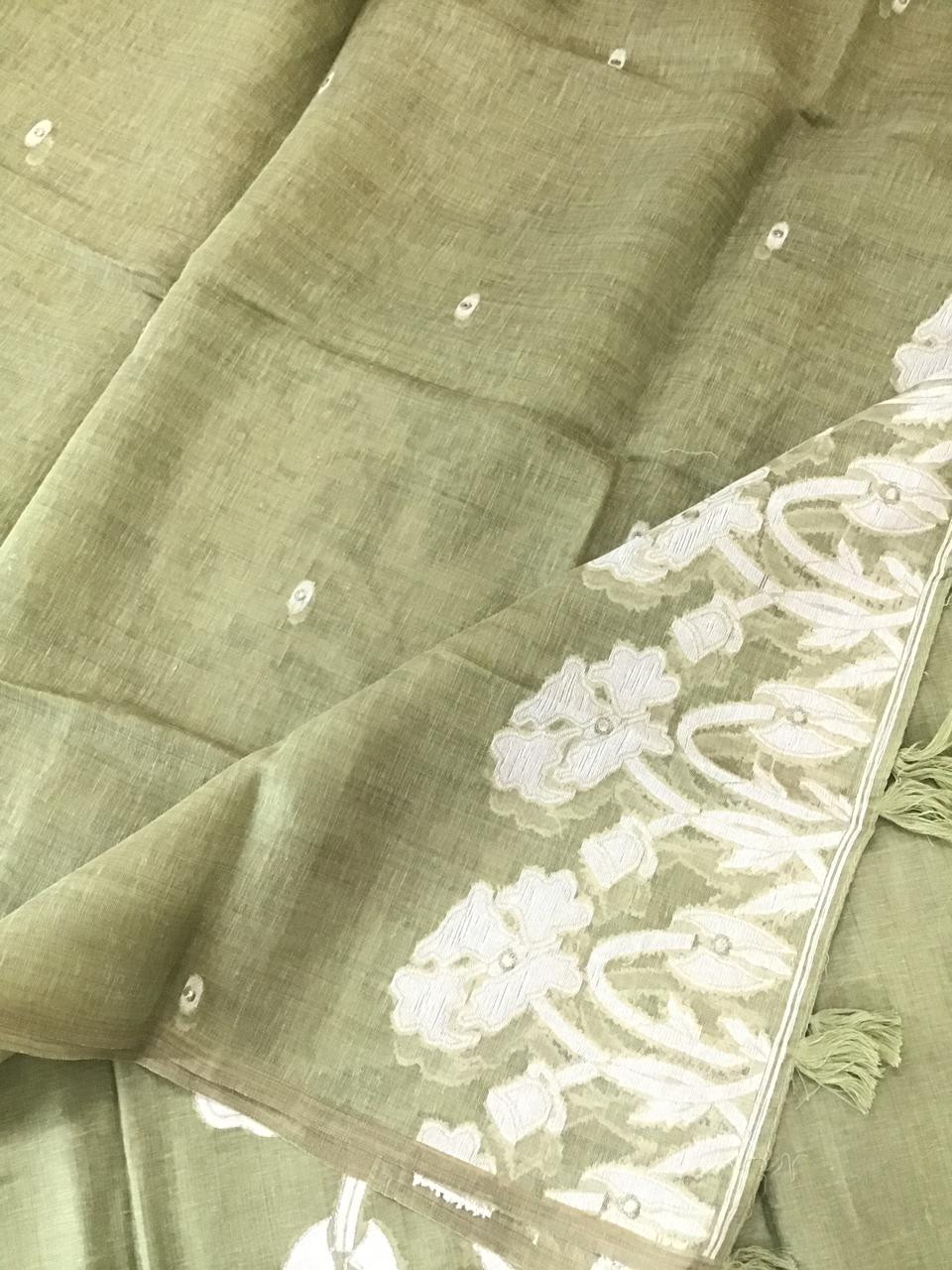 Soft Fine Slub Chanderi Jamdani Weaved Embroidered Suit - Green