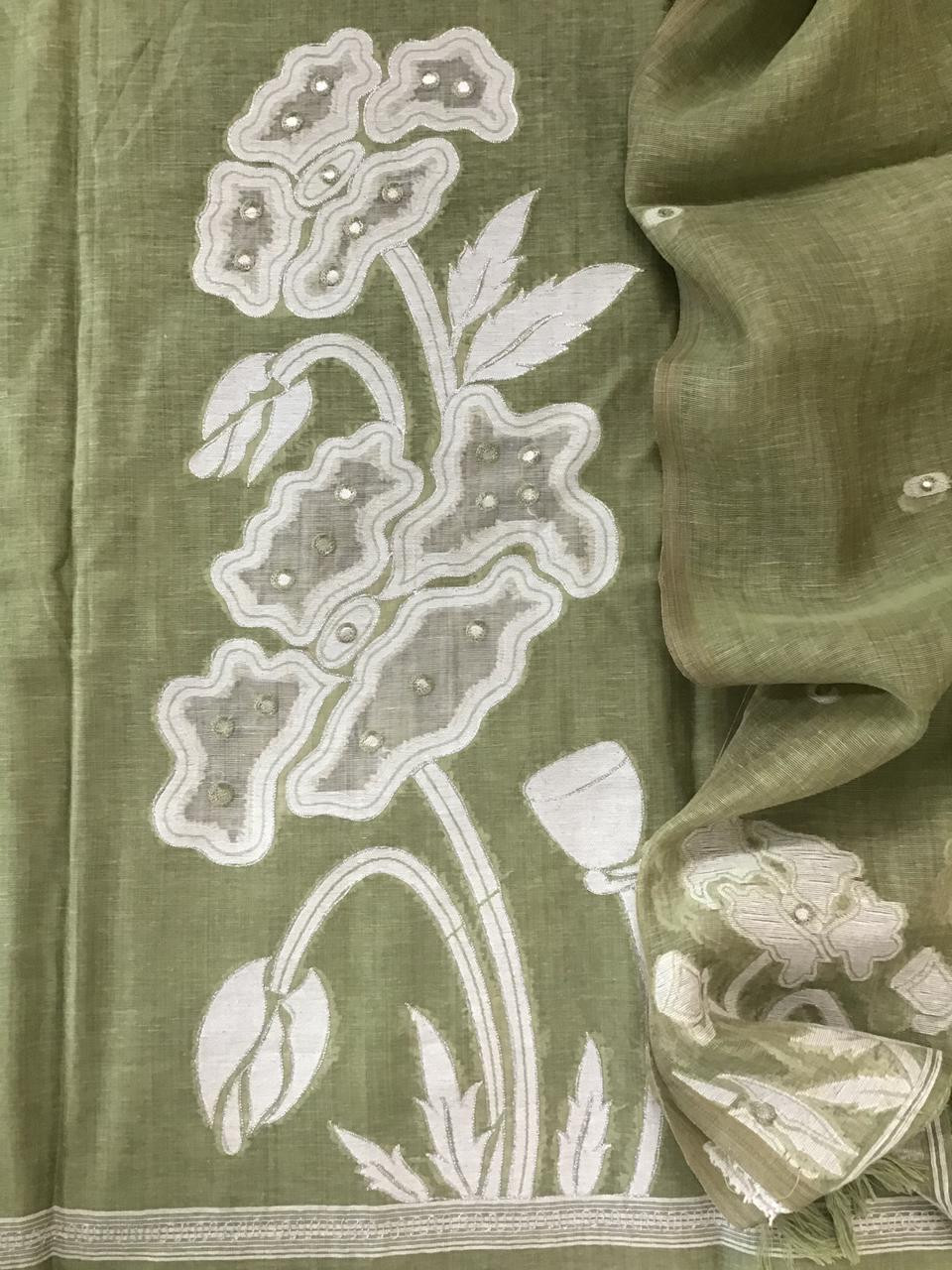 Soft Fine Slub Chanderi Jamdani Weaved Embroidered Suit - Green