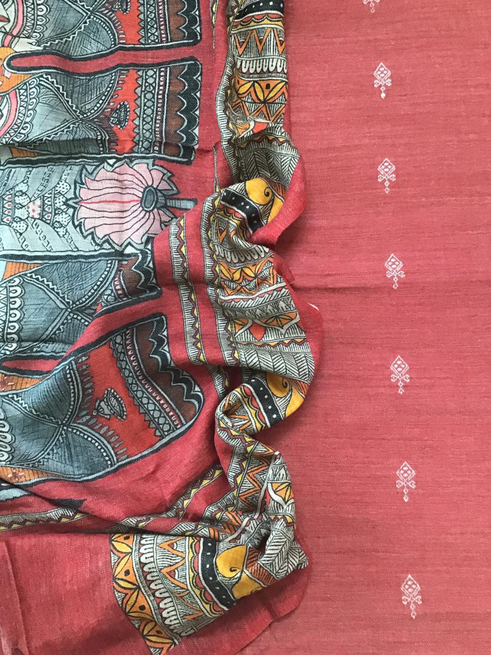 Soft Woollen Basbara Cotton Silk Self Weaved Printed Suit - Brick Red