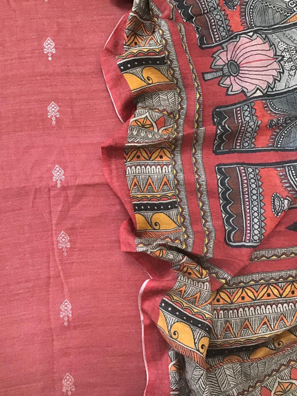 Soft Woollen Basbara Cotton Silk Self Weaved Printed Suit - Brick Red