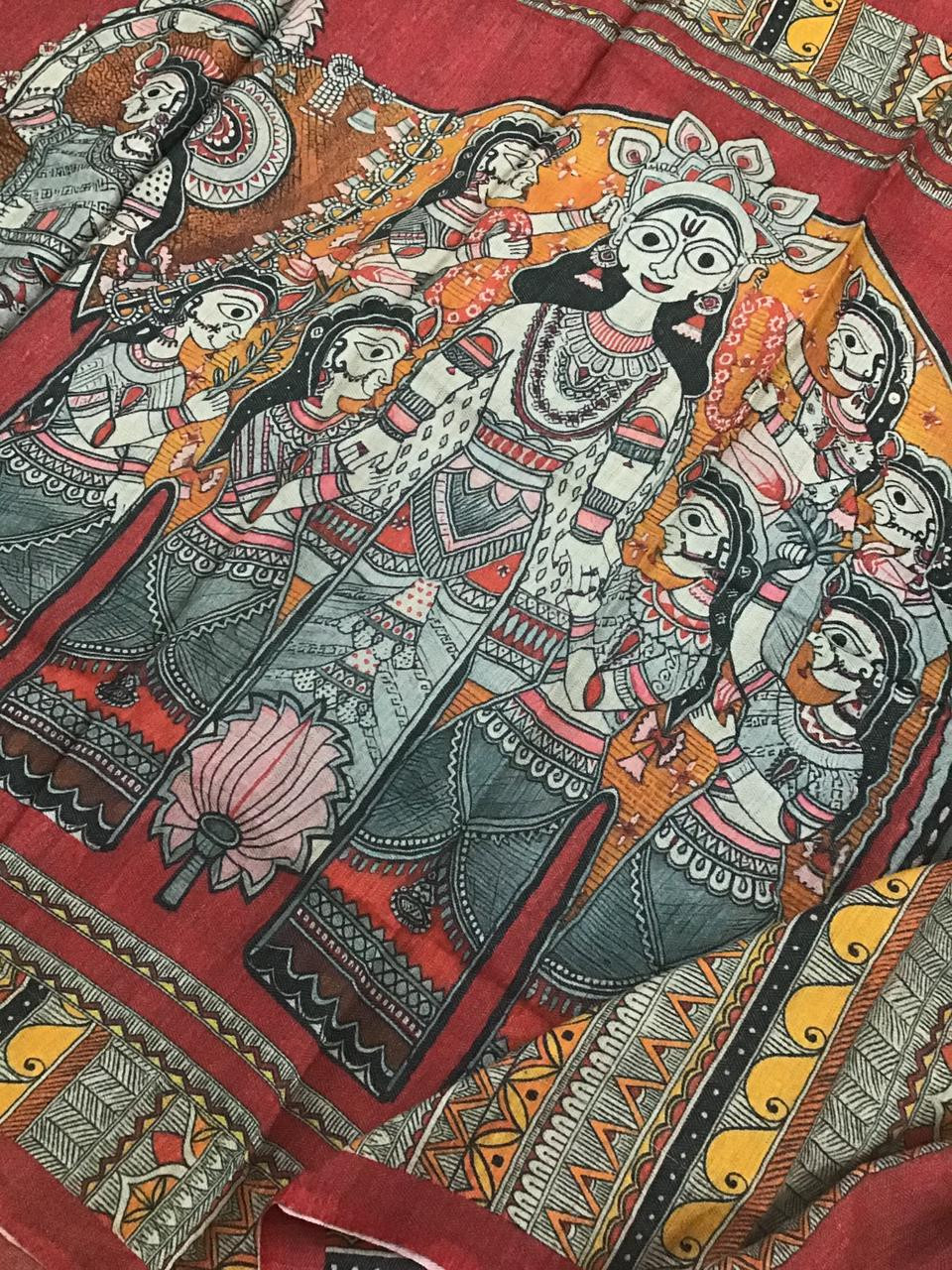 Soft Woollen Basbara Cotton Silk Self Weaved Printed Suit - Brick Red