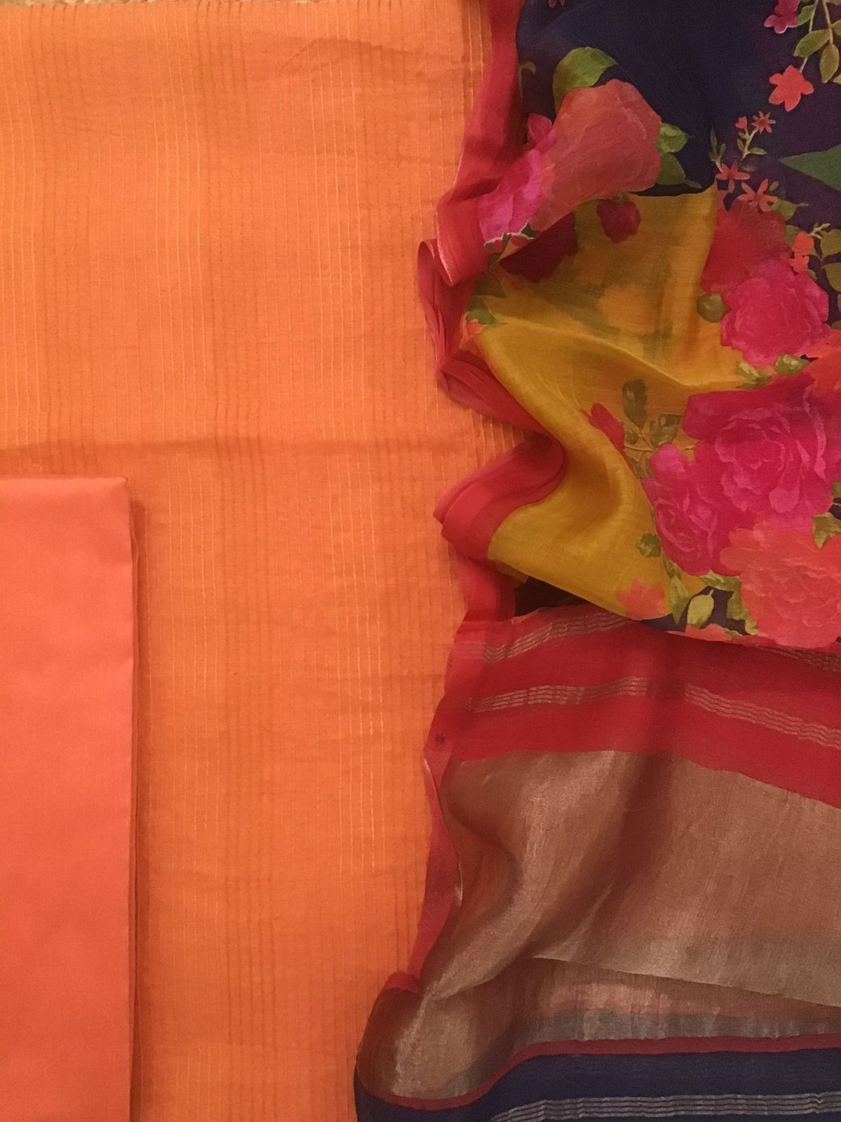 Pure Chanderi Printed Embroidered Suit - Orange