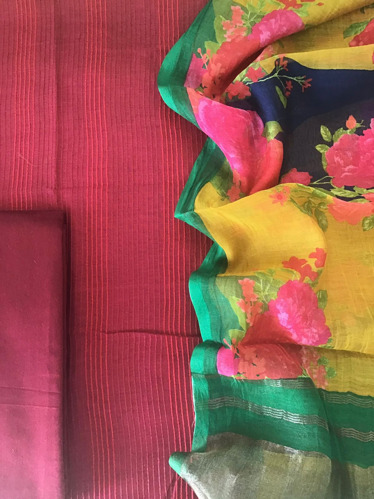 Pure Chanderi Printed Embroidered Suit - Red