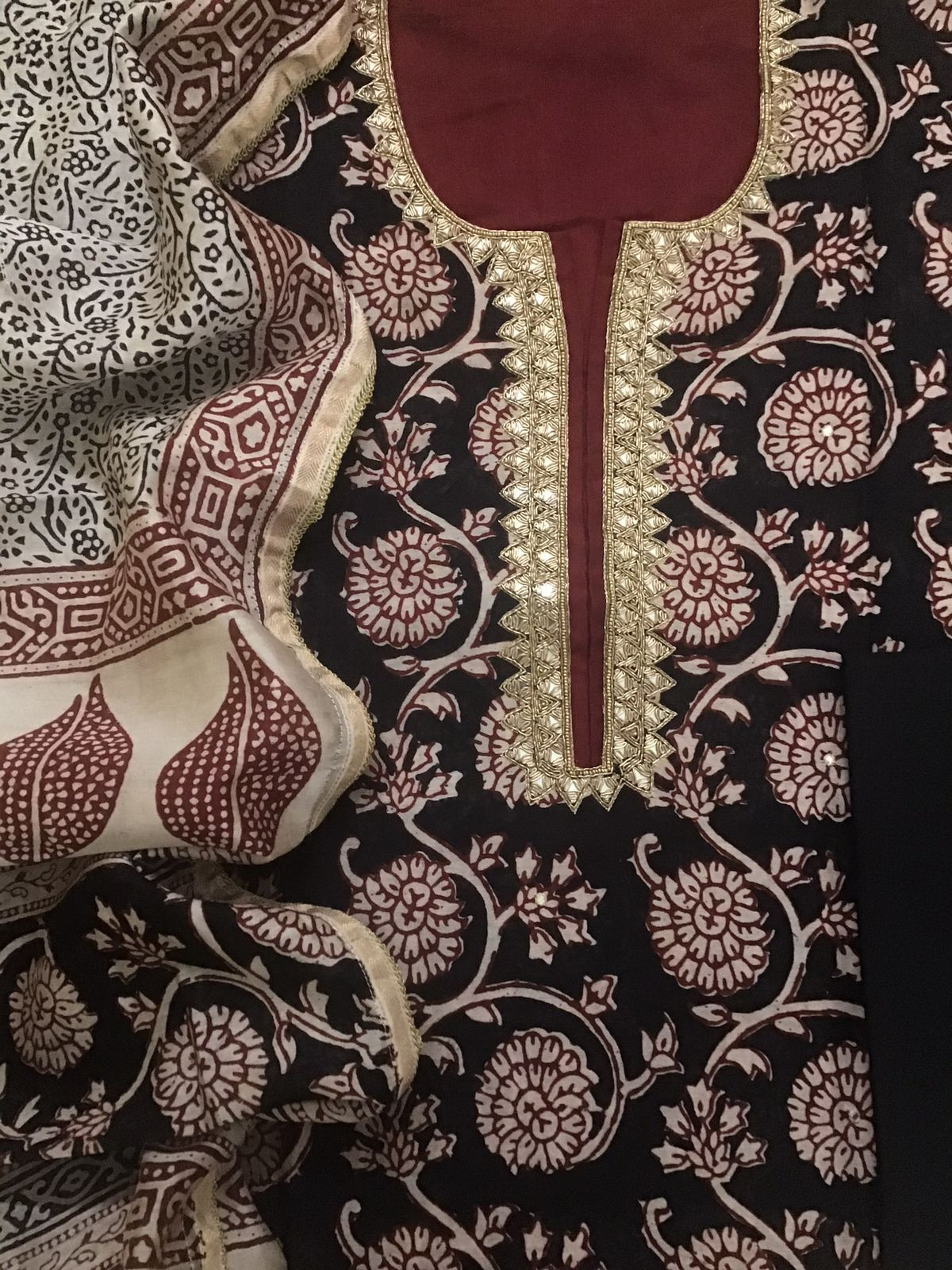 Pure Maheshwari Printed Embroidered Suit - Black