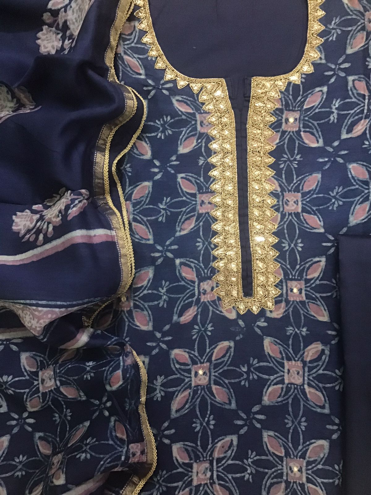 Pure Maheshwari Printed Embroidered Suit - indigo