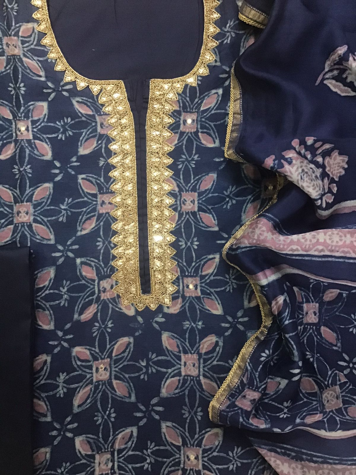 Pure Maheshwari Printed Embroidered Suit - indigo