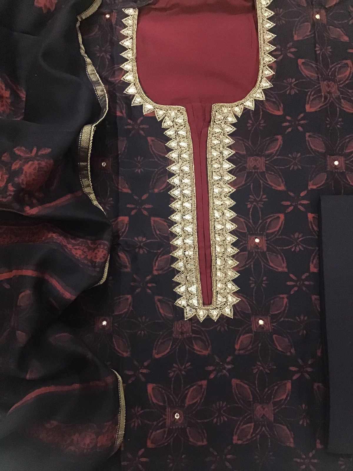 Pure Maheshwari Printed Embroidered Suit - Black