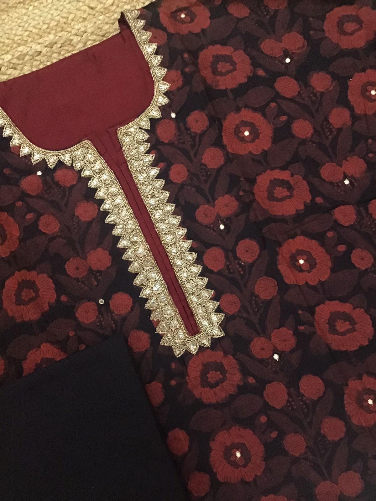 Pure Maheshwari Printed Embroidered Suit - Black