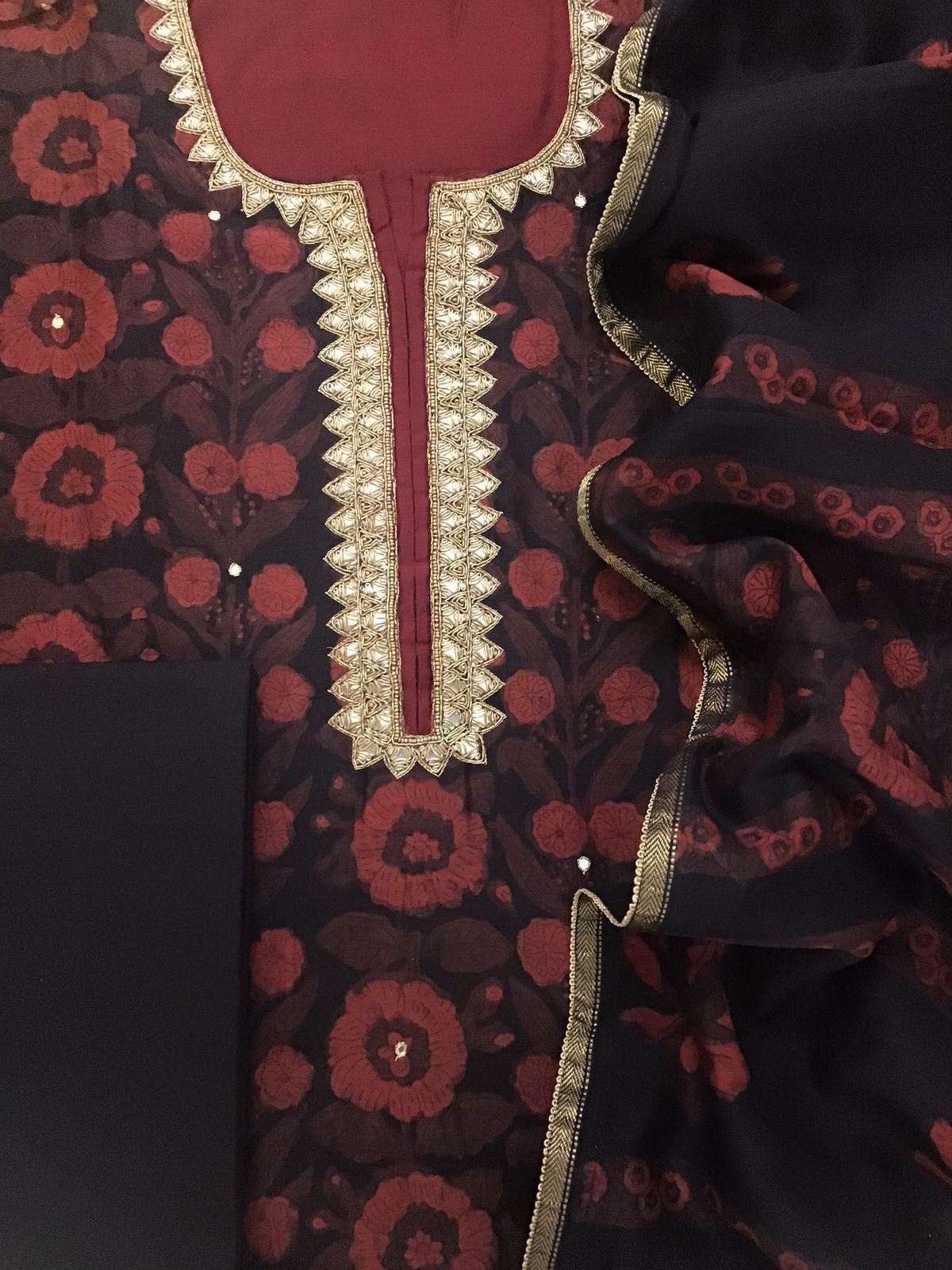 Pure Maheshwari Printed Embroidered Suit - Black