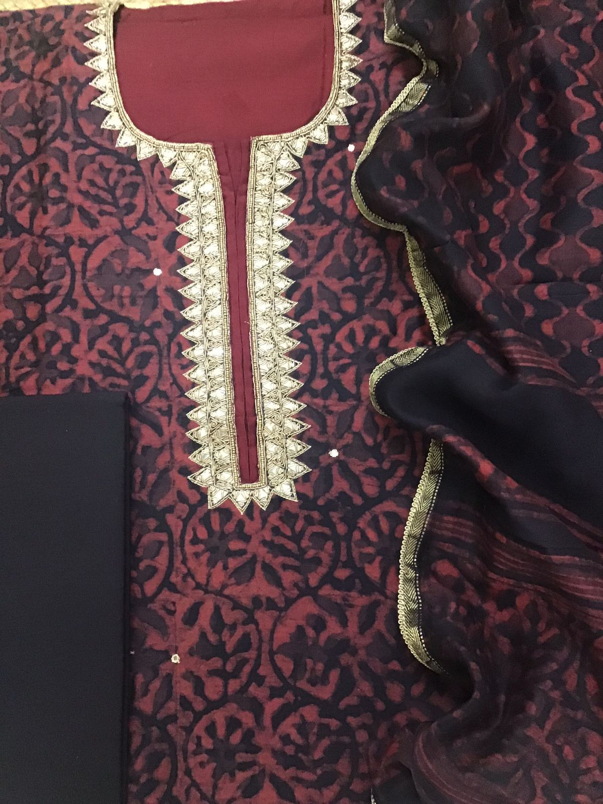 Pure Maheshwari Printed Embroidered Suit - Black